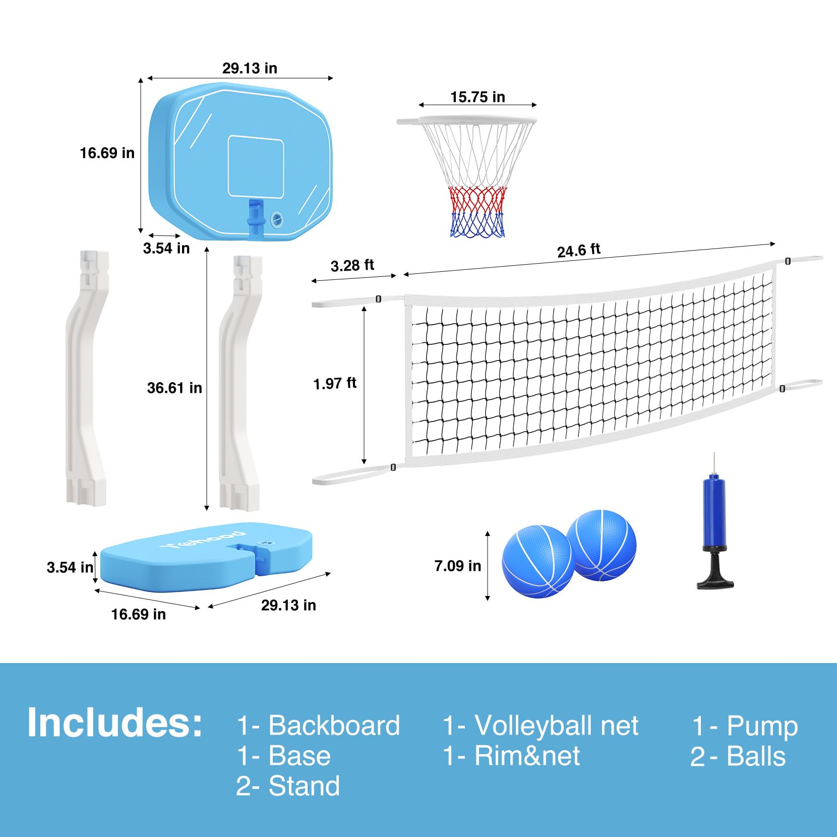 2-in-1 Pool Basketball Hoop & Volleyball Net Set - Adjustable Swimming Pool Games for Kids & Adults - Perfect for Inground Pools, Backyard Pool Parties & Summer Water Fun