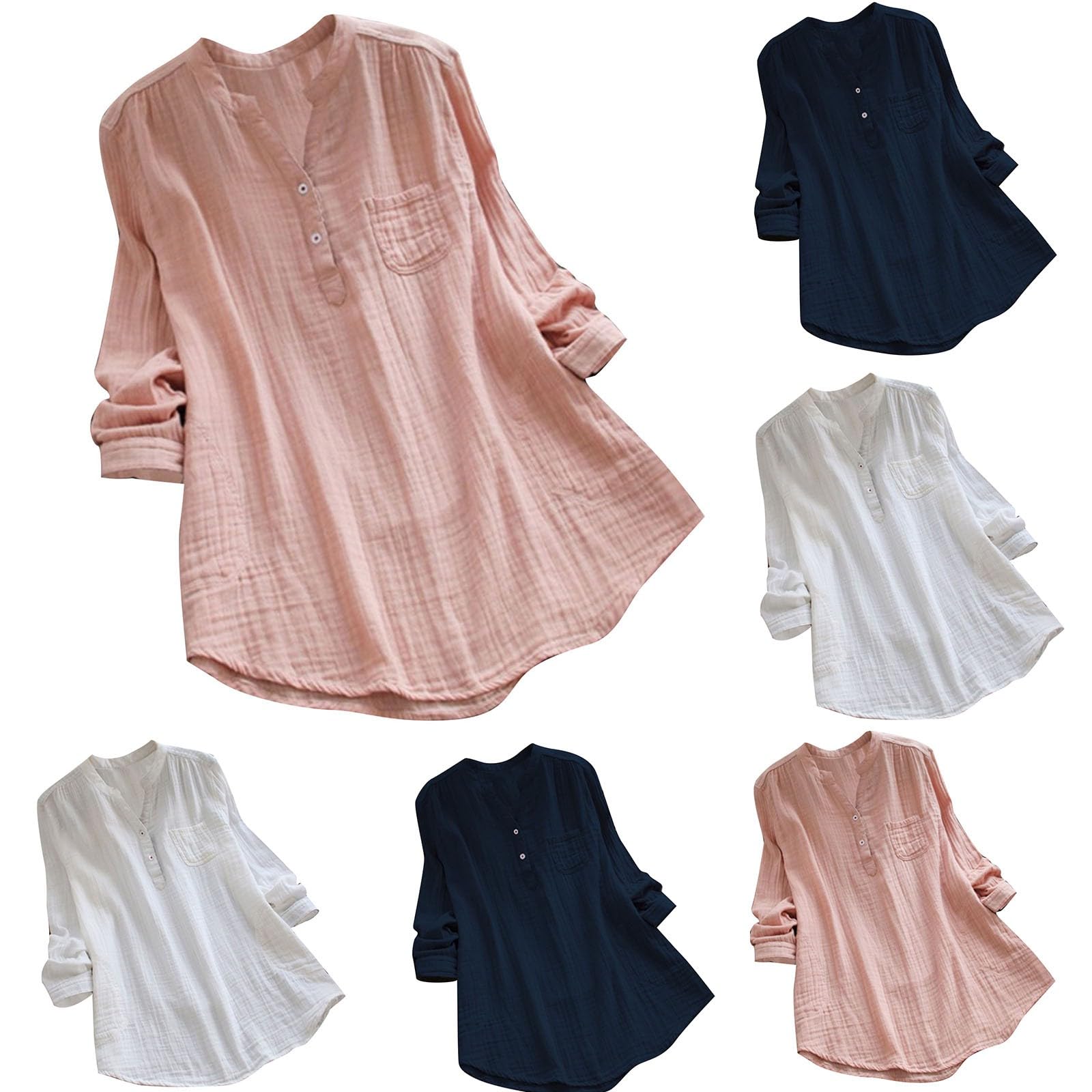Women's Button Up Cotton Linen Blouse - 3/4 Sleeve Curved Hem Solid Color Tops for Plus Size | Casual Office Wear & Summer Outfits