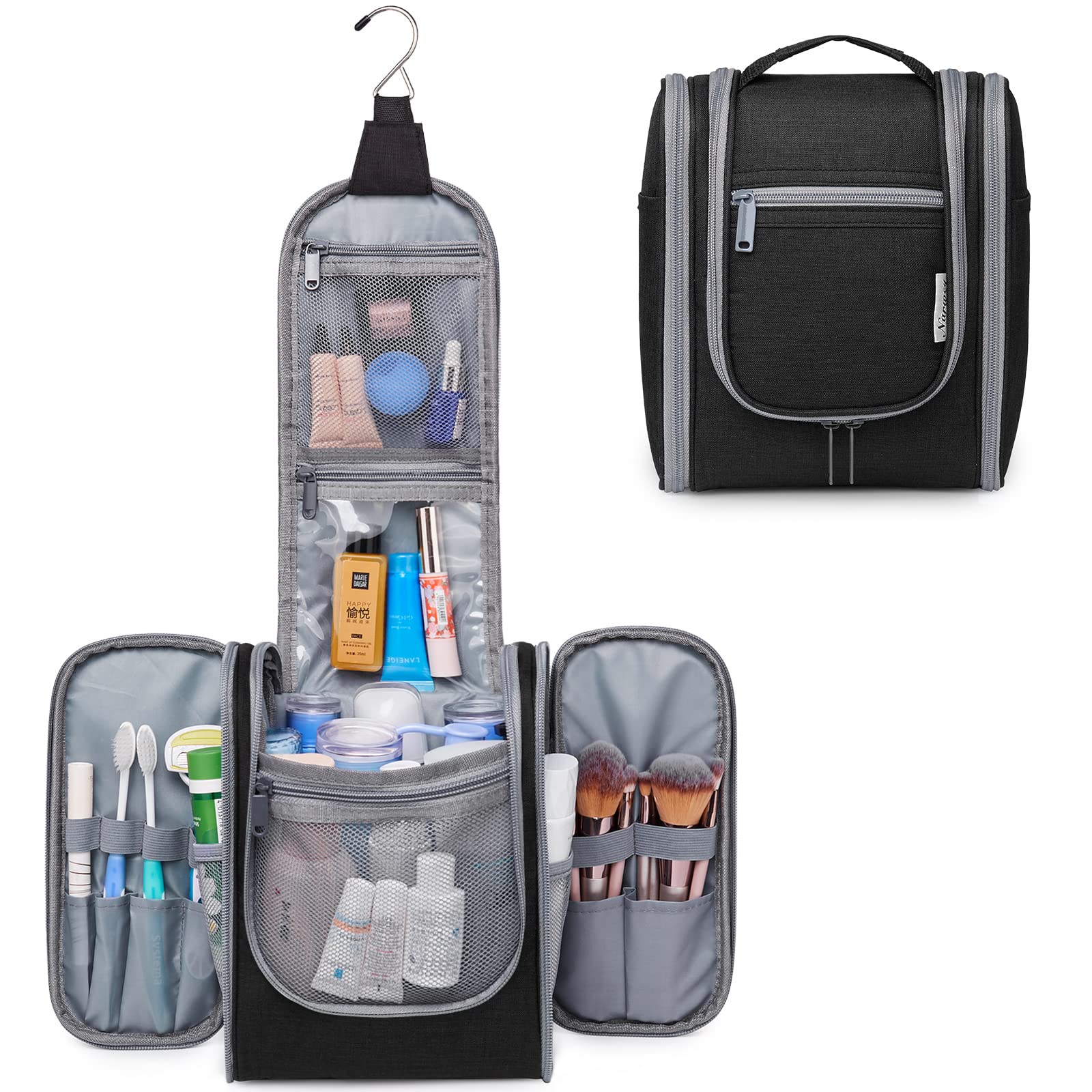 Narwey Small Hanging Travel Toiletry Bag - Waterproof Cosmetic Makeup Organizer for Women & Men - Perfect for Bathroom, Gym, Camping & Air Travel (Medium, Black)
