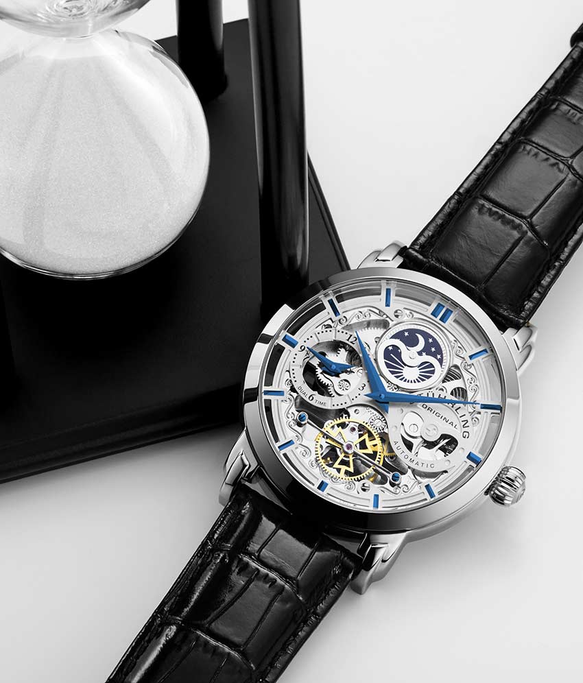 Anatol Dual Time 371 Automatic 46mm Skeleton Watch for Men - Luxury Stainless Steel Mechanical Timepiece with Exhibition Caseback - Perfect for Business, Formal Events & Gift Giving