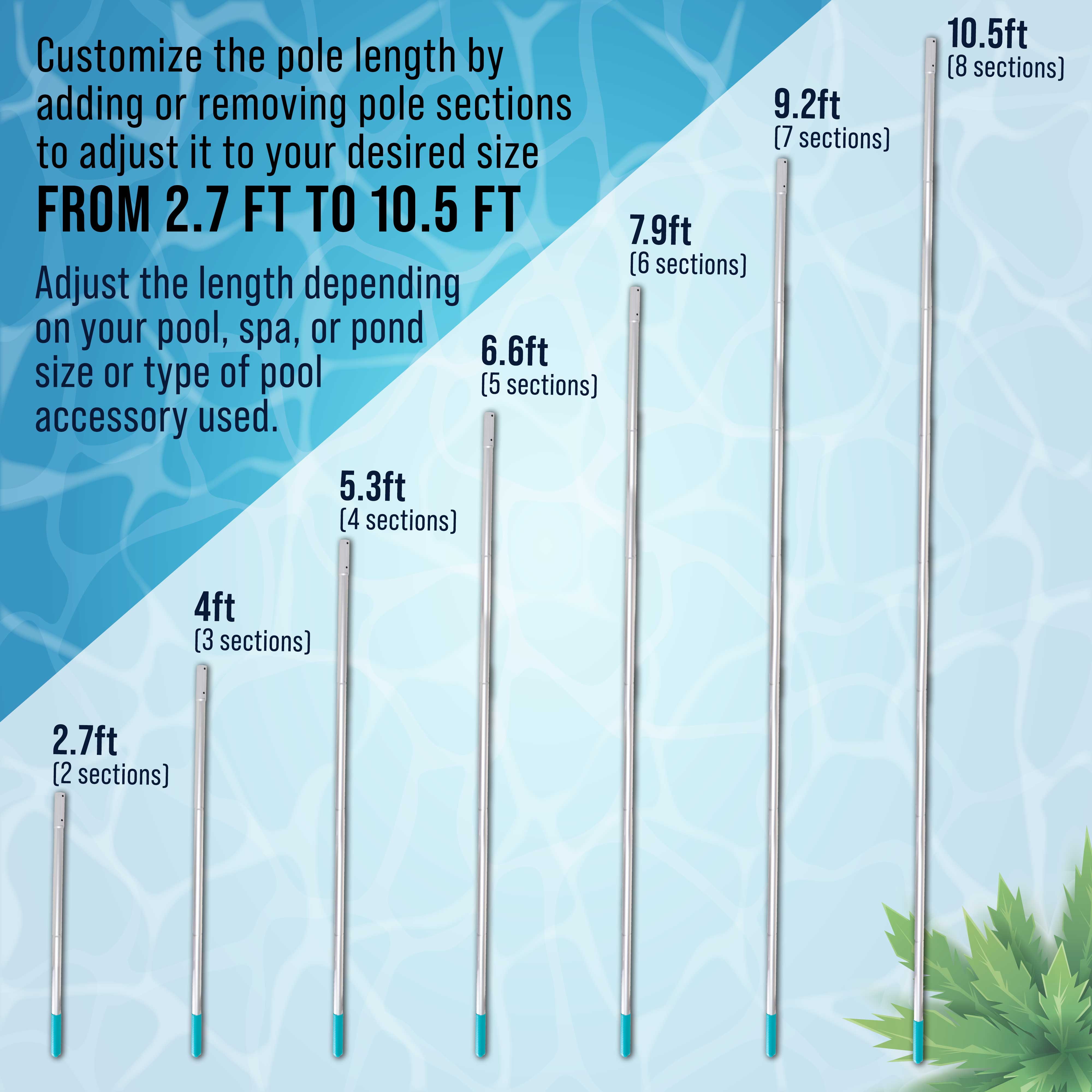 10.5 Foot Aluminum Telescopic Swimming Pool Pole - 8 Adjustable Sections for Skimmer Nets, Rakes, Brushes & Vacuum Heads | Durable US Pool Supply | Perfect for Cleaning & Maintenance of Inground & Above Ground Pools
