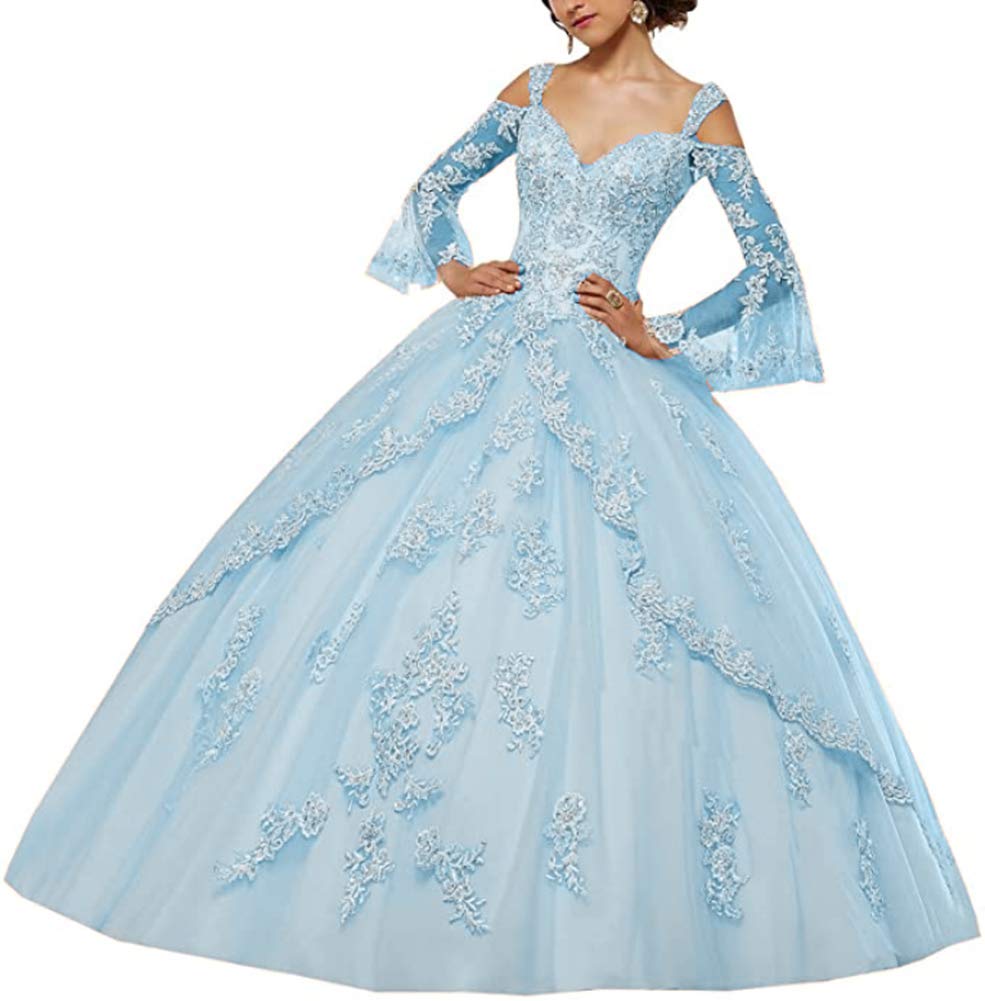 Elegant Light Blue Quinceanera Ball Gown Dress with Spaghetti Straps & Lace Applique - Women's Formal Prom, Wedding, Sweet 16 Party Dress
