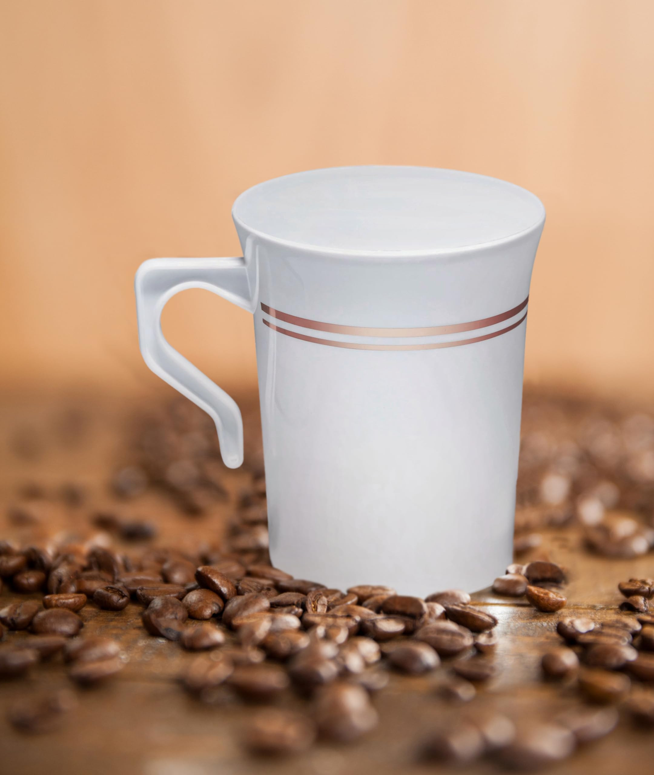 240-Pack Heavyweight Disposable 8 oz Plastic Coffee Cups with Handles - Wedding, Party, Cafe Drinkware (White & Rose Gold Rim) - Perfect for Bridal Showers, Office Events & Catering Services