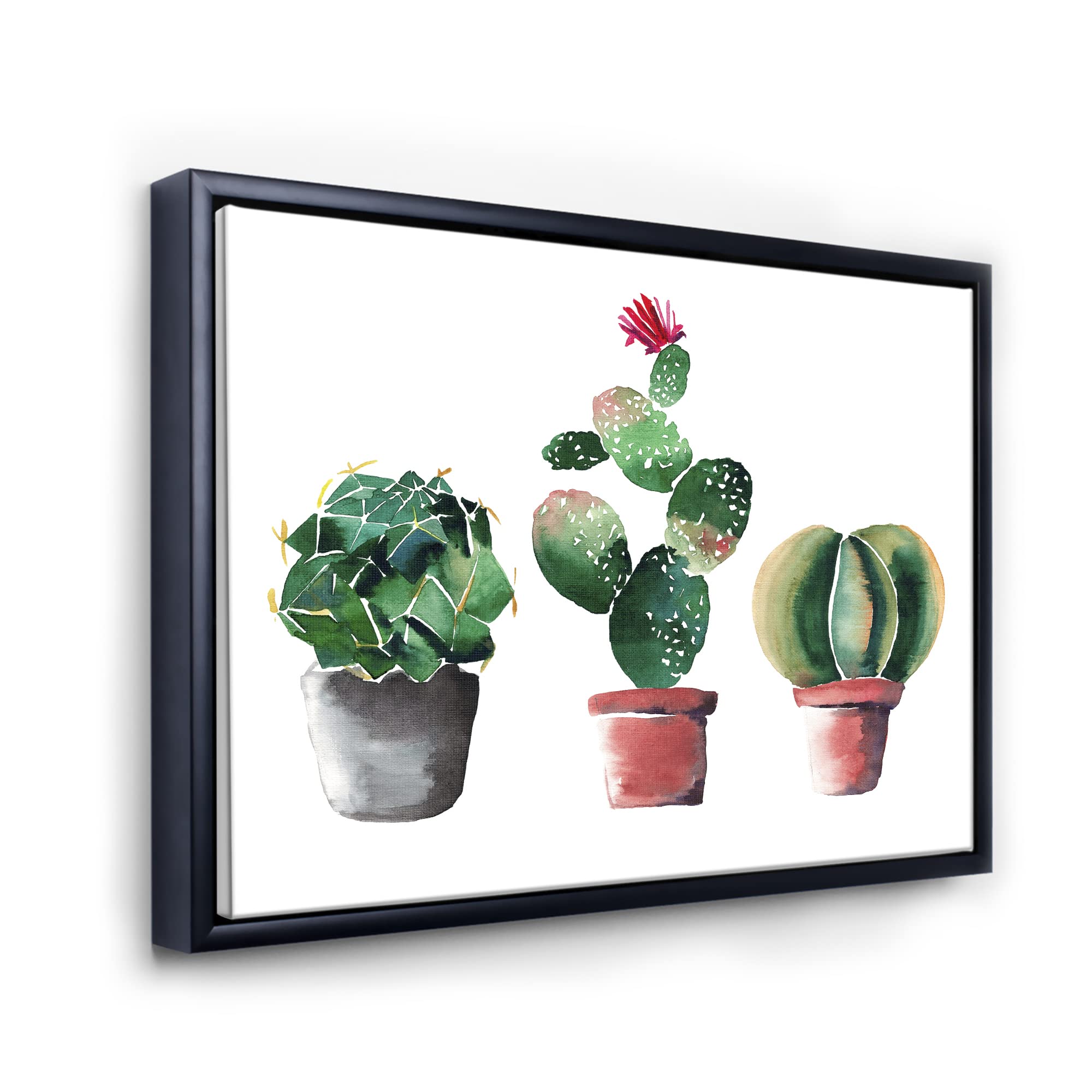 DesignQ Three Cactus In Clay Pots - Traditional Framed Canvas Wall Art Print for Home & Office Decor | Southwestern Style Wall Hanging | Perfect for Living Room, Bedroom or Workspace