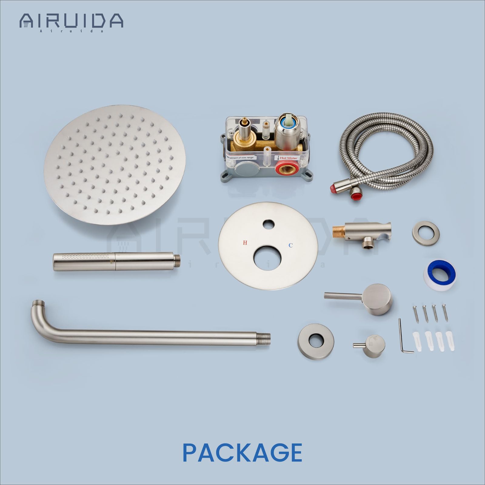 Airuida 2-Function Wall Mount Shower System - High Pressure Brass Handheld Shower with 8 Inch Rainfall Shower Head & Rough-in Valve in Brushed Nickel Finish | Perfect for Bathroom Renovation & Spa-Like Shower Experience