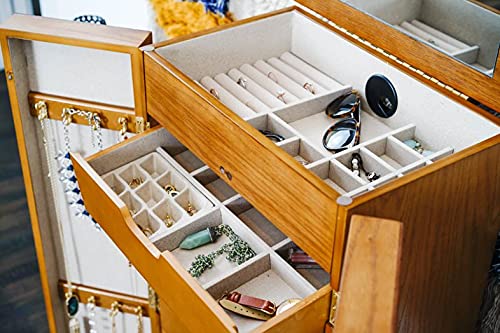 Walnut Jewelry Armoire with Mirror & Drawers - Organize Necklaces, Earrings & Bracelets for Bedroom