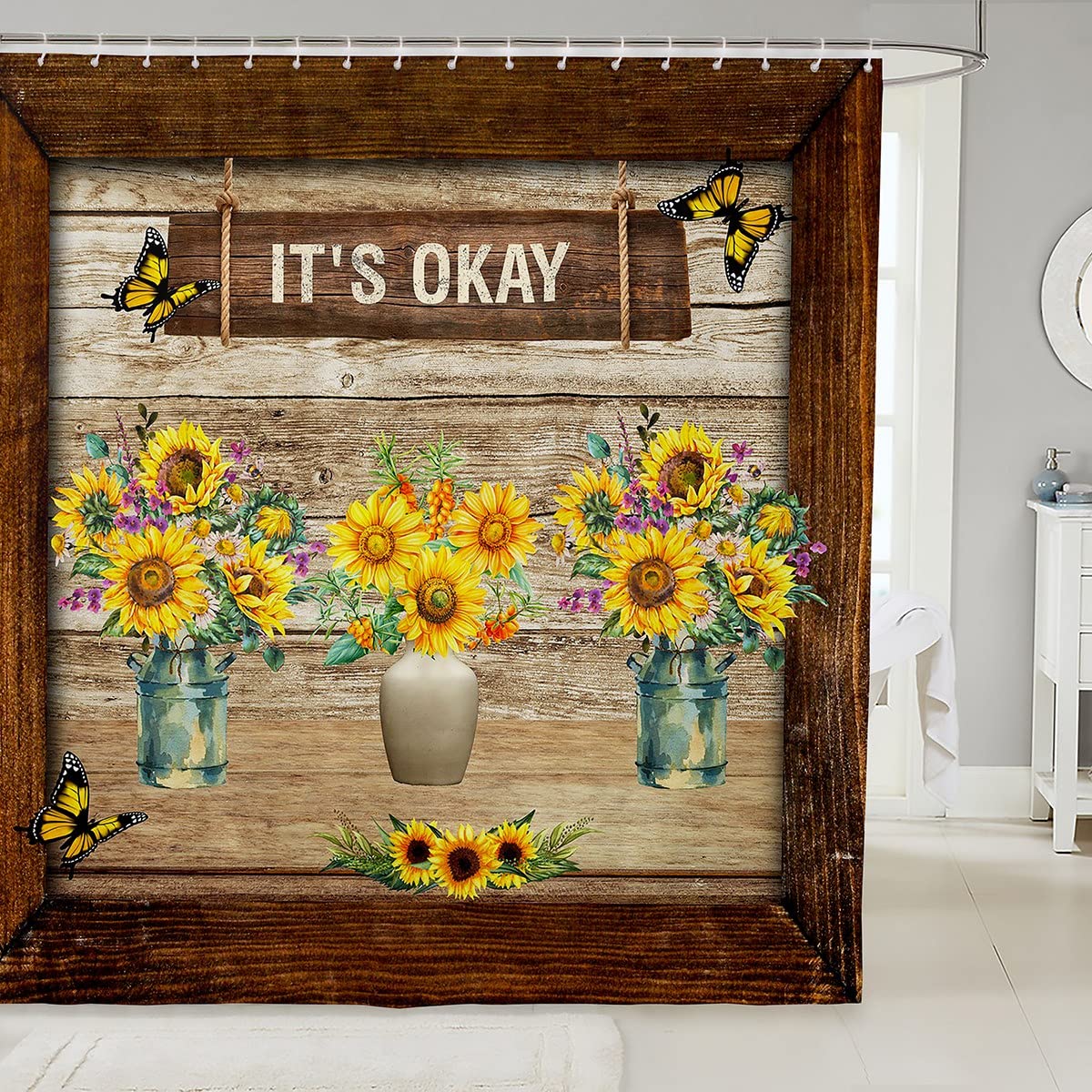 Vintage Sunflower & Butterfly Shower Curtain Set - Waterproof Farmhouse Bathroom Decor for Kids & Adults, 72x72 Inch - Perfect for Country Style, Farmhouse, and Retro Themed Bathrooms