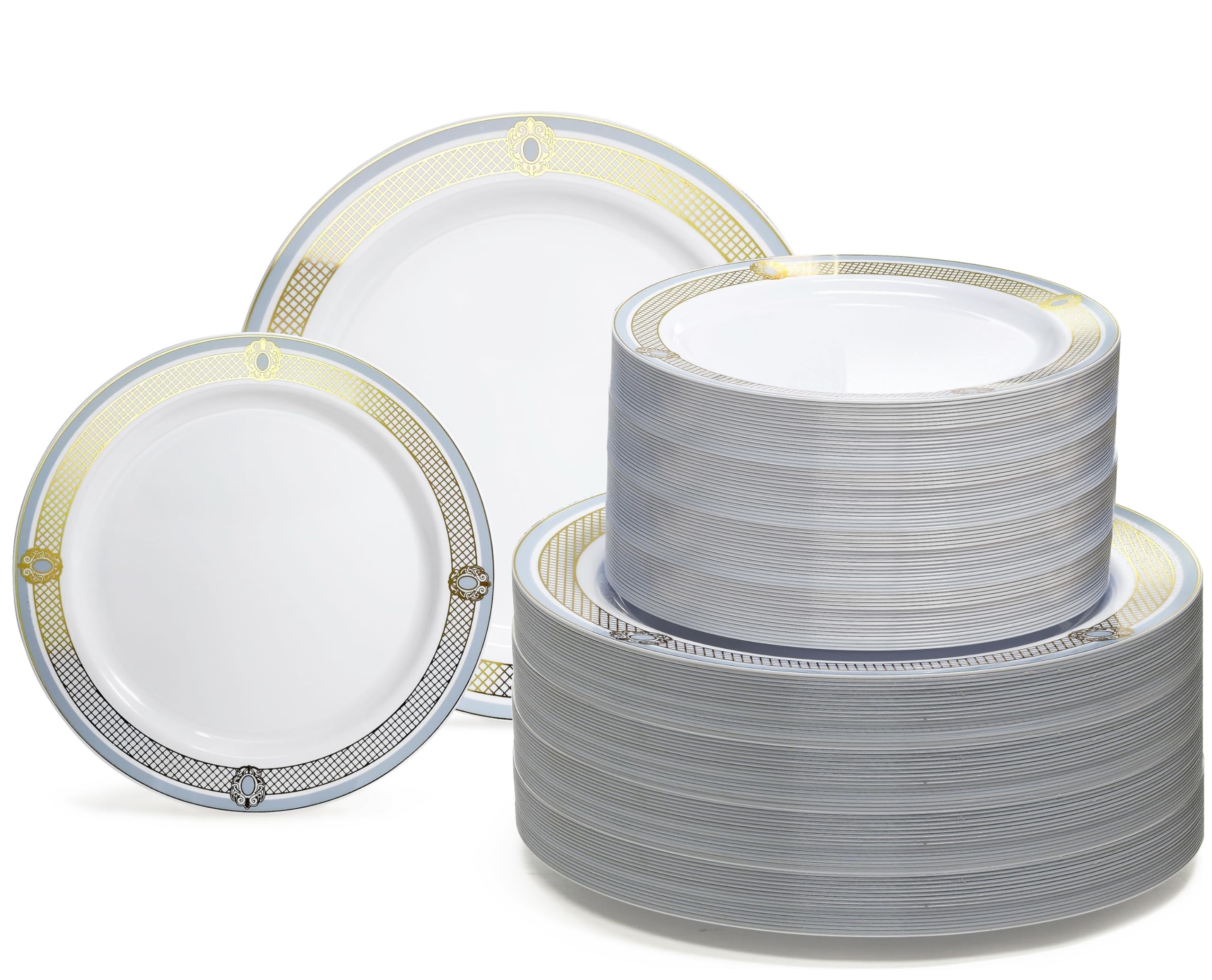240-Piece Premium Disposable Plastic Plates Set for Weddings & Parties - 120 x 10.25'' Dinner Plates + 120 x 7.5'' Salad/Dessert Plates in Elegant White/Blue & Gold - Perfect for Wedding Receptions, Bridal Showers, and Formal Events