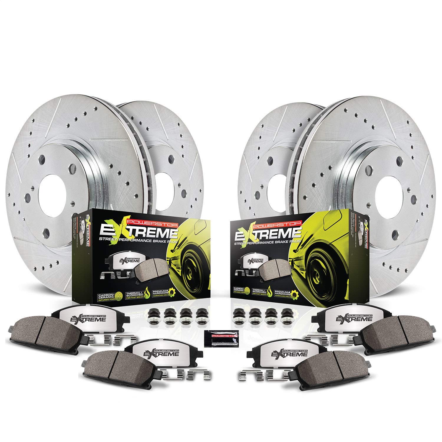 Power Stop K1042-26 Z26 Carbon Fiber Brake Pads & Drilled Slotted Rotors Kit - Compatible with 1998-2002 Honda Accord - Front & Rear Brake Upgrade for Enhanced Stopping Power - Perfect for Daily Commuting, Highway Driving & Performance Use