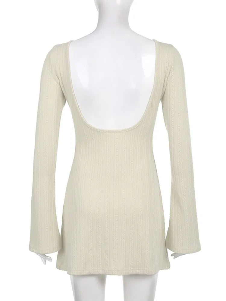 Elegant Backless Long Sleeve Mini Dress for Women - Korean Fashion Solid Bodycon Dress for Autumn - Perfect for Date Night, Party & Office Wear