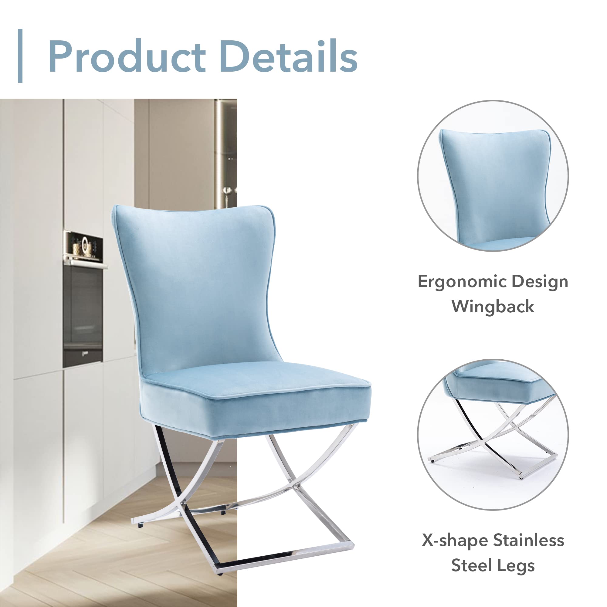Modern Stainless Steel Legs Velvet Dining Chairs Set of 2 - Royal Blue Upholstered Button Tufted Back Chairs with Solid Piping for Dining Room, Kitchen, Breakfast Nook & Home Decor