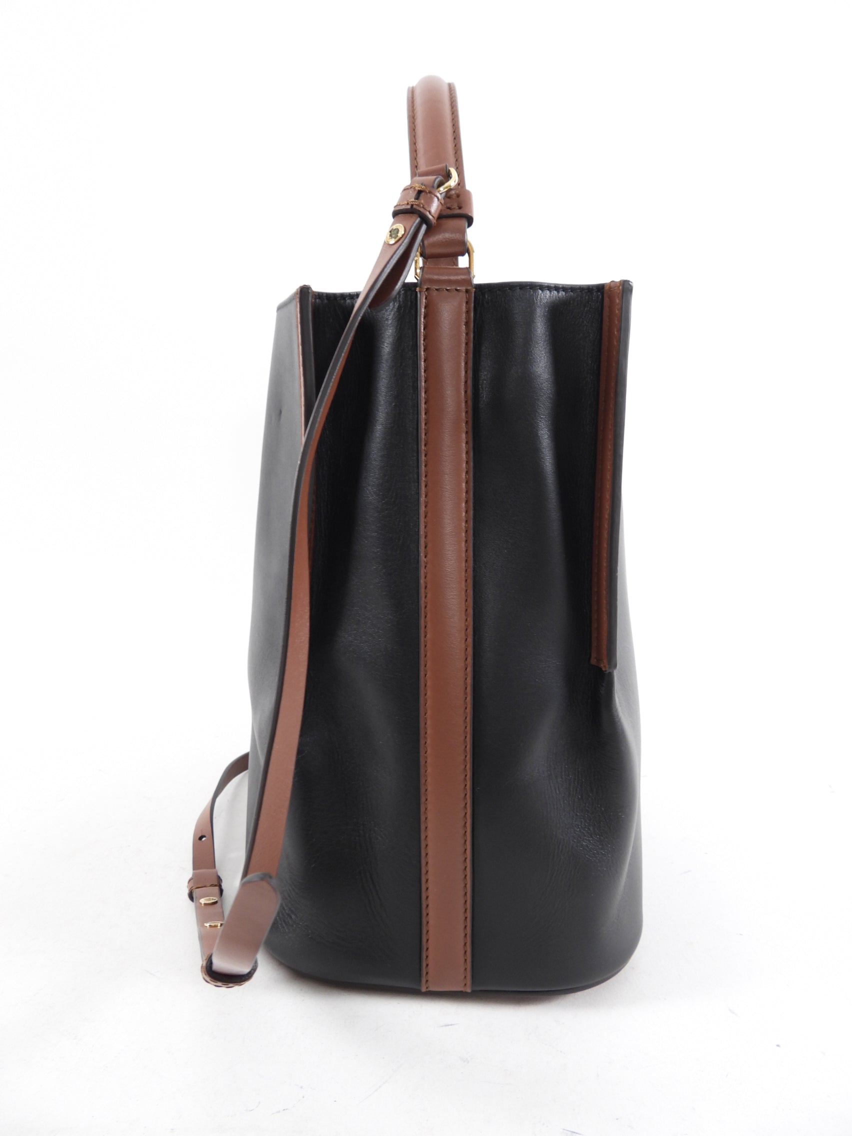 Burberry Black & Brown Leather Small Bucket Bag with Detachable Pouch - Stylish Crossbody Handbag for Women, Perfect for Work, Travel & Everyday Use