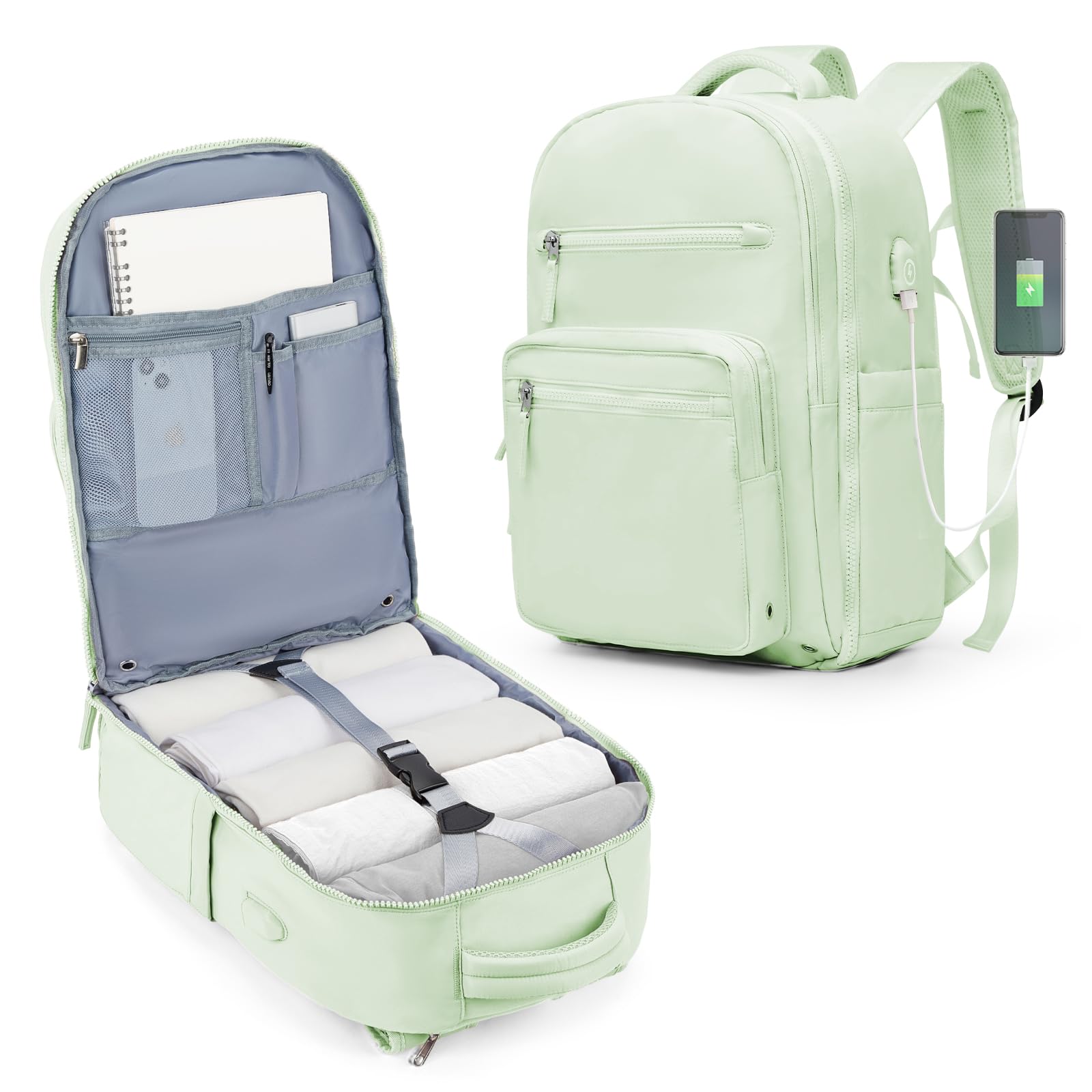 Stylish Mint Green Travel Backpack - Airline Approved, USB Charging for Work & College