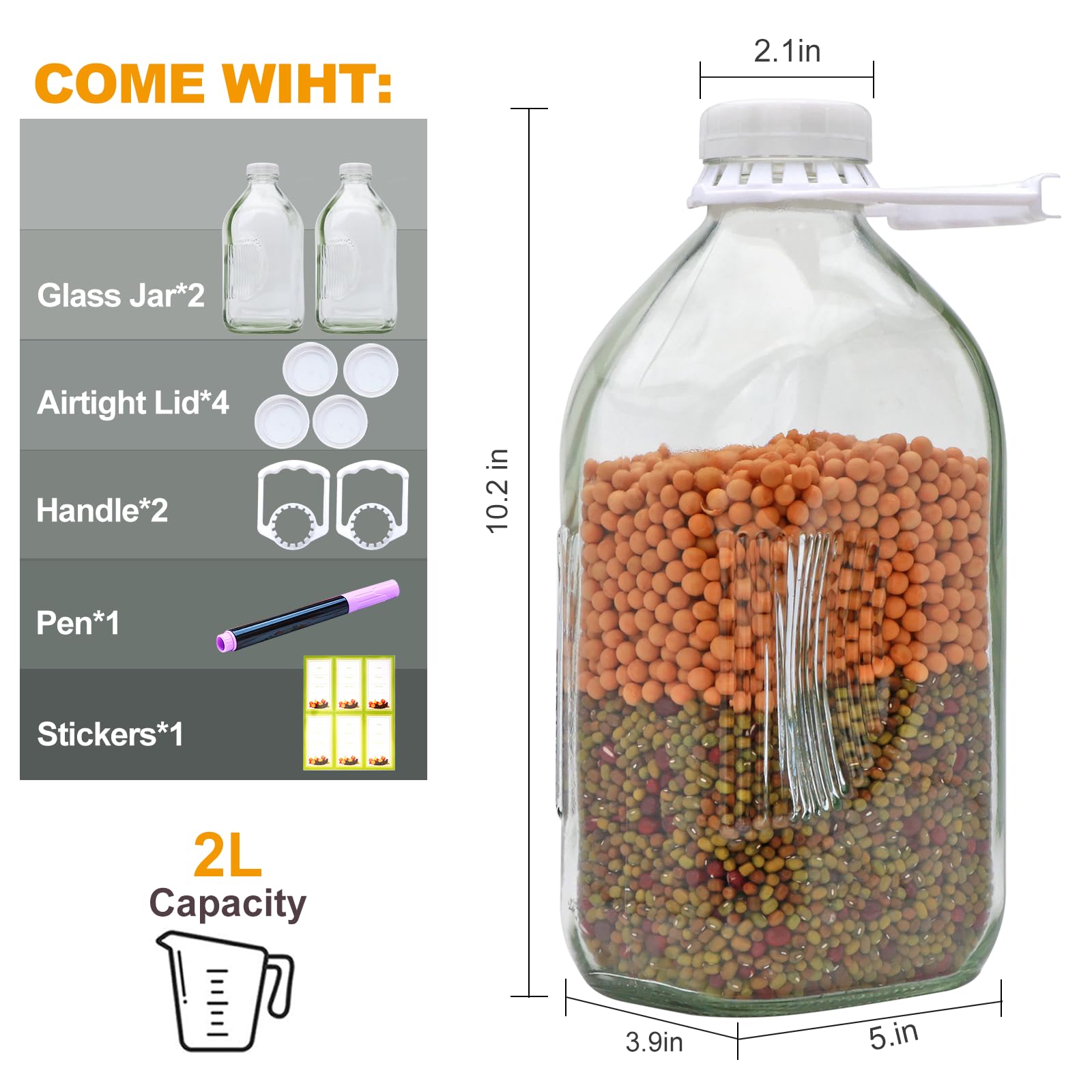 64oz Glass Milk Bottles with Airtight Lids - 2 Pack Reusable Clear Glass Jugs for Milk, Water, Juice, Syrup & Sauce - BPA-Free 2Qt Fridge Storage Containers - Perfect for Home, Kitchen, Office & Meal Prep