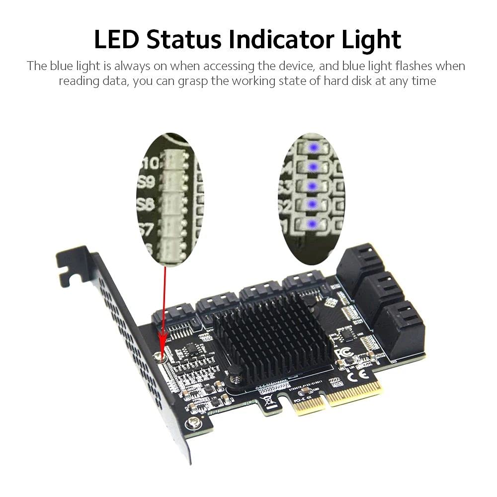 PCIe 4X to 10 Port SATA 3.0 Adapter Card - 6Gbps Expansion Card with LED Indicators & Aluminum Heatsink for Desktop PC - Ideal for Data Storage, RAID Arrays & Server Upgrades