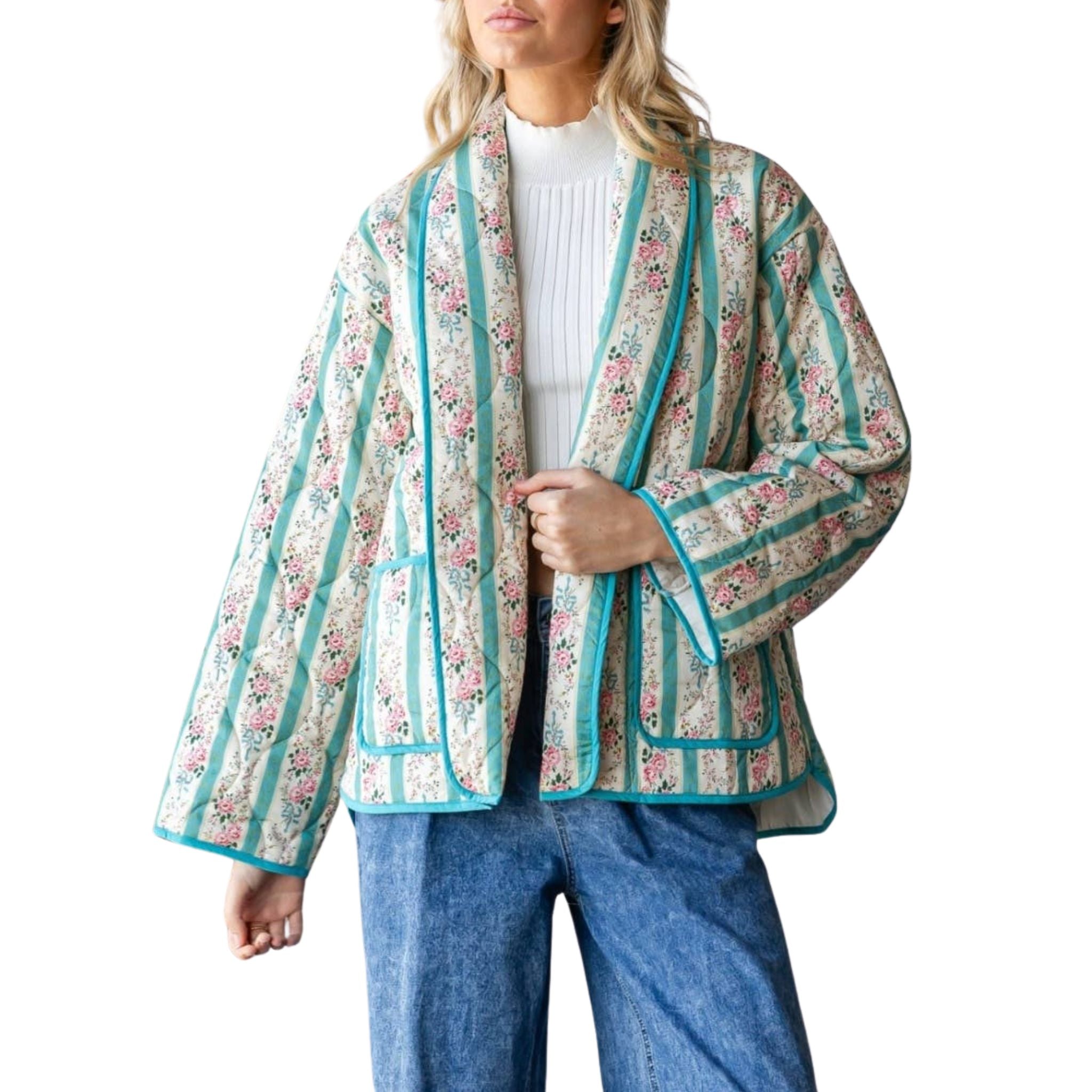 Quilted Stripe Floral Open Front Jacket for Women - Lightweight Spring & Fall Outerwear - Perfect for Casual Outings, Layering, and Office Wear