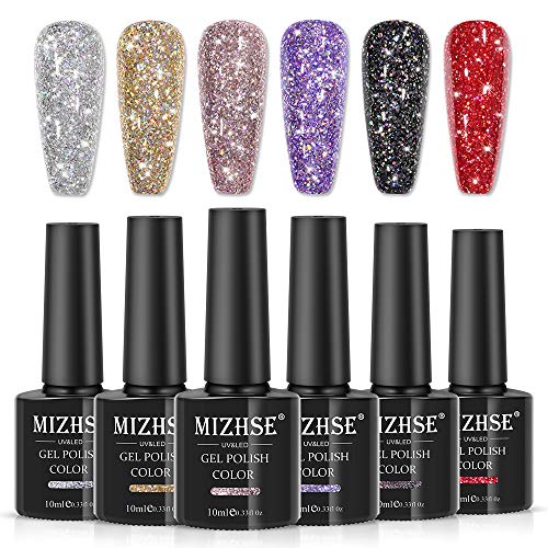 MIZHSE Glitter Gel Nail Polish Set - 12 Colors Sparkly Shiny Diamond Gel Polish for Manicure, Soak Off LED Lamp DIY Kit | Perfect for Beginners, Home Nail Art & Professional Salon Use