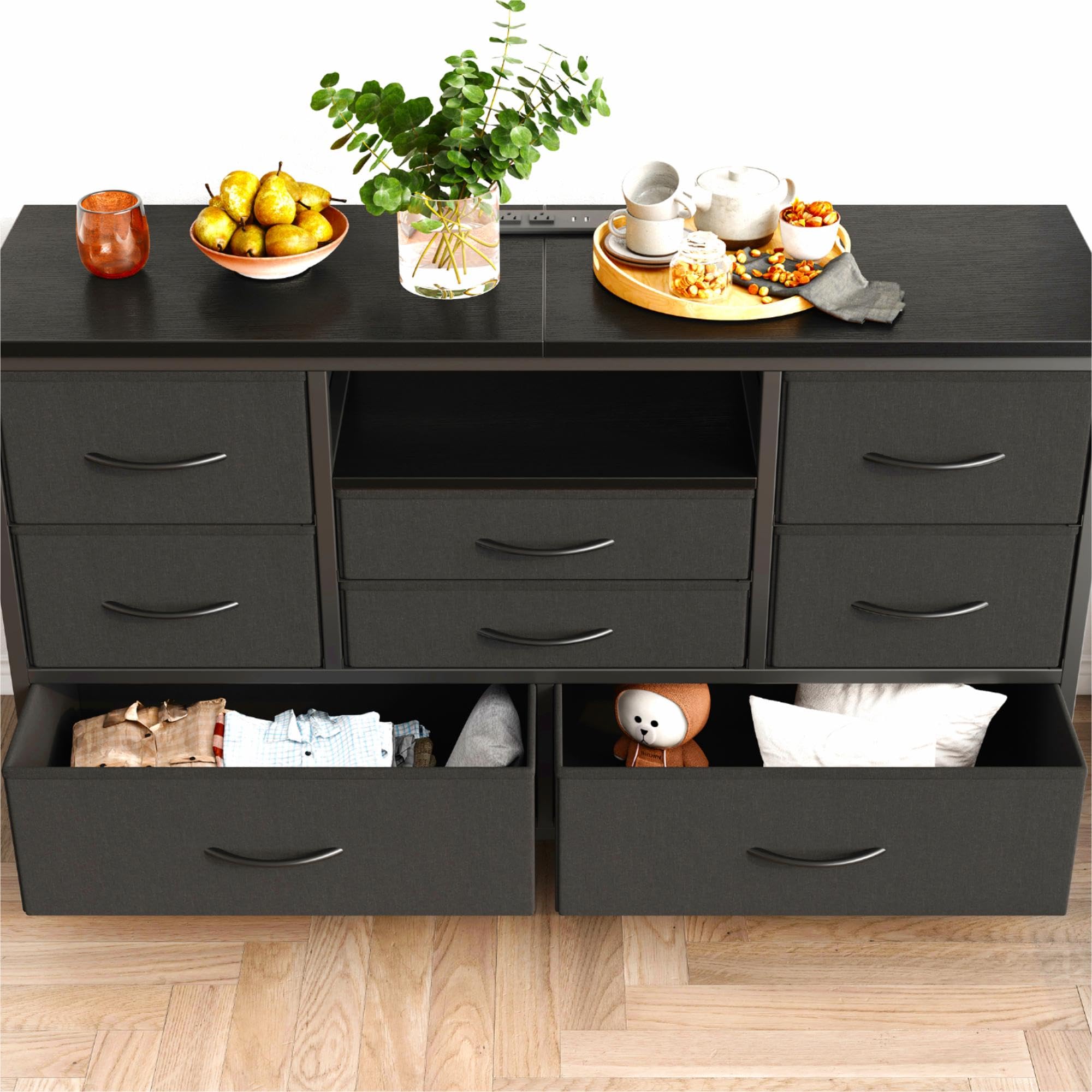 Jojoka 8-Drawer TV Stand with Power Outlet & LED Lights for 55-Inch TVs - Long Wooden Dresser for Bedroom Storage - Wide Console Table with Deep Drawers for Living Room, Entryway & Closet Organization - Perfect for Home Entertainment & Storage Solutions