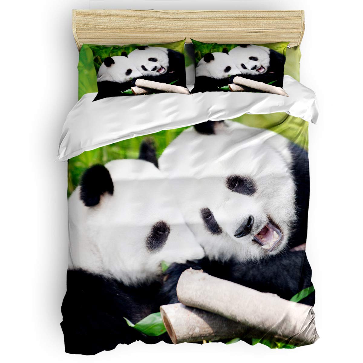 Danhongi Twin Duvet Cover Set 4 Pieces - Funny Animal Bear Panda with Bamboo Pattern Bedding Set for Women & Men, Includes 1 Duvet Cover, 1 Fitted Sheet & 2 Pillowcases - Soft & Cozy Bed Sheets for Kids, Teens & Adults Bedroom Decor