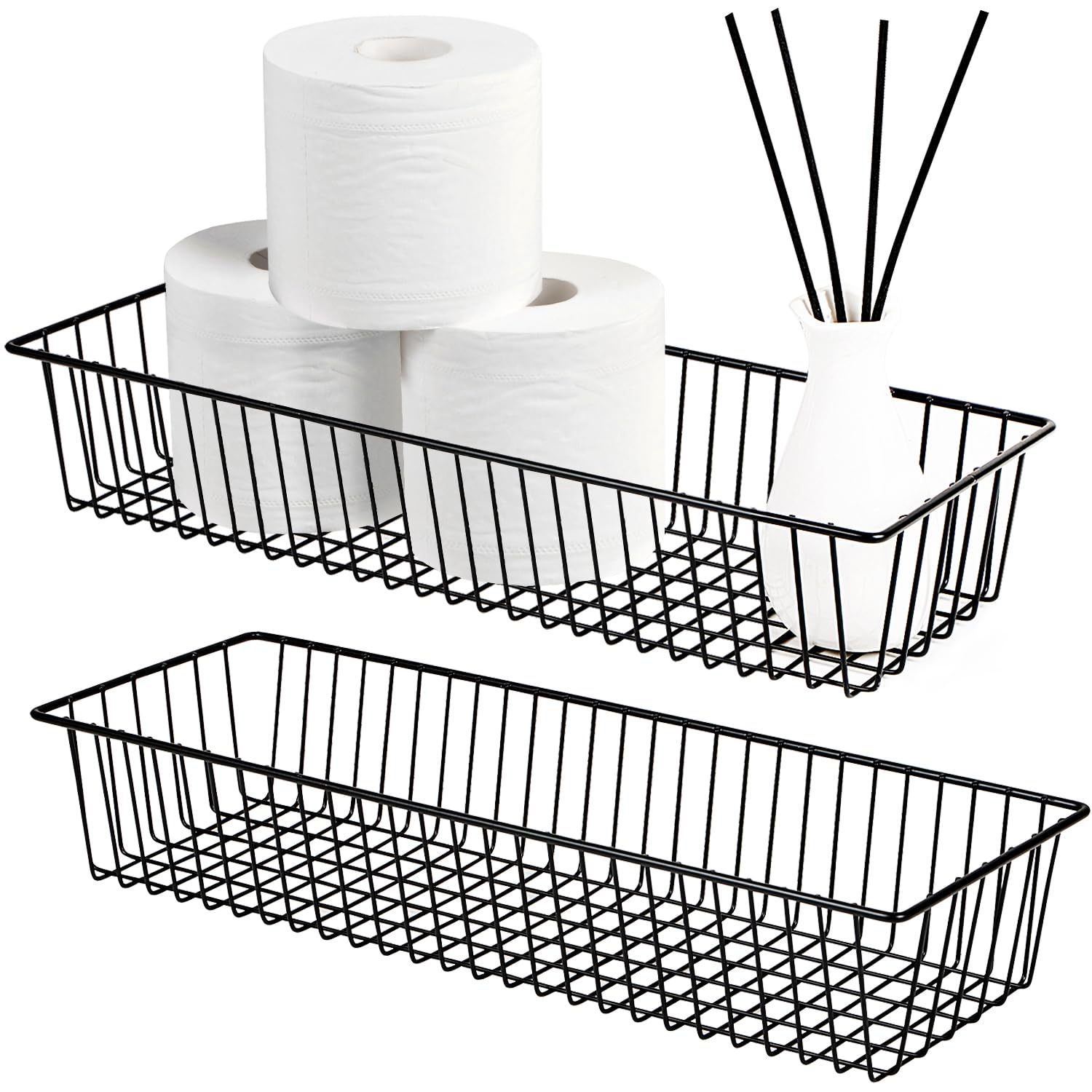 Sheechung Farmhouse Decor Metal Wire Storage Organizer Bin Basket (2 Pack) - Rustic Toilet Paper Holder & Multi-Purpose Organizer for Bathroom, Kitchen, Pantry, Laundry, Closet & Garage - Perfect for Home Organization & Space Saving (Black)