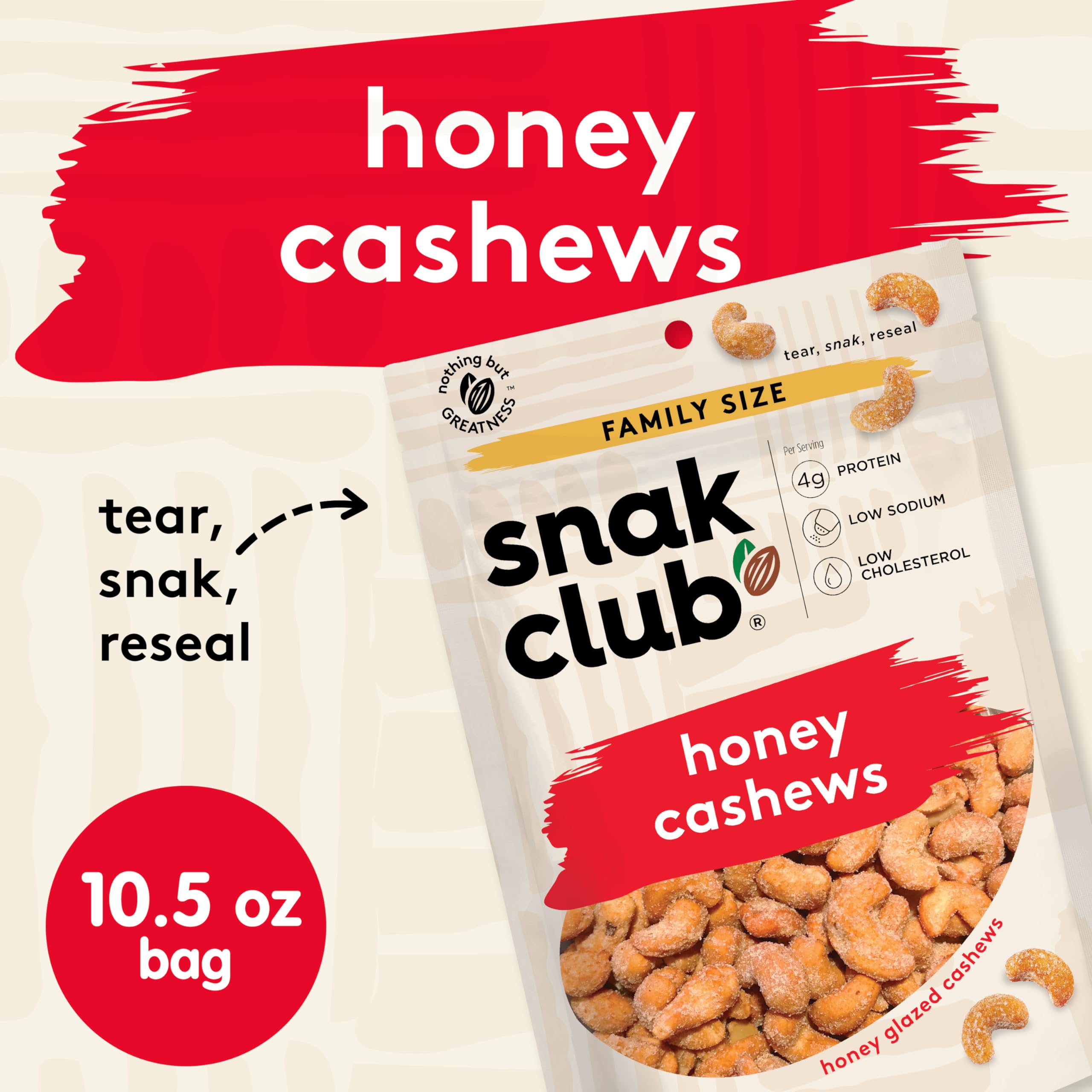Snak Club Honey Glazed Crunchy Cashews - Gluten-Free, Family Size 10.5oz - Perfect for Snacking, Parties & Healthy On-the-Go Treats