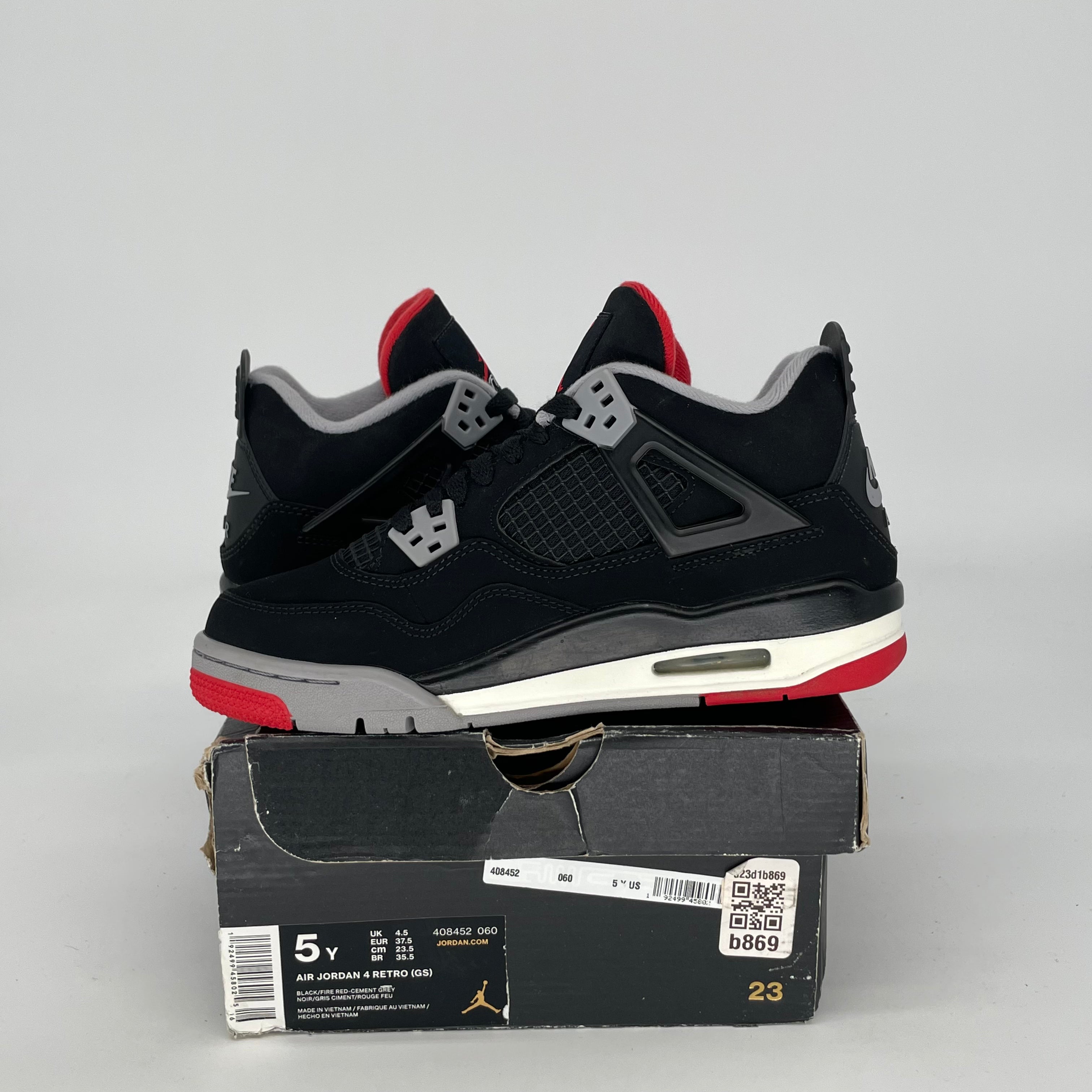 AIR JORDAN 4 BRED Retro (2019) Men's/Women's Size 5/6.5W Black/Red Basketball Shoes 408452-060 - Perfect for Sneaker Collectors & Streetwear Fashion