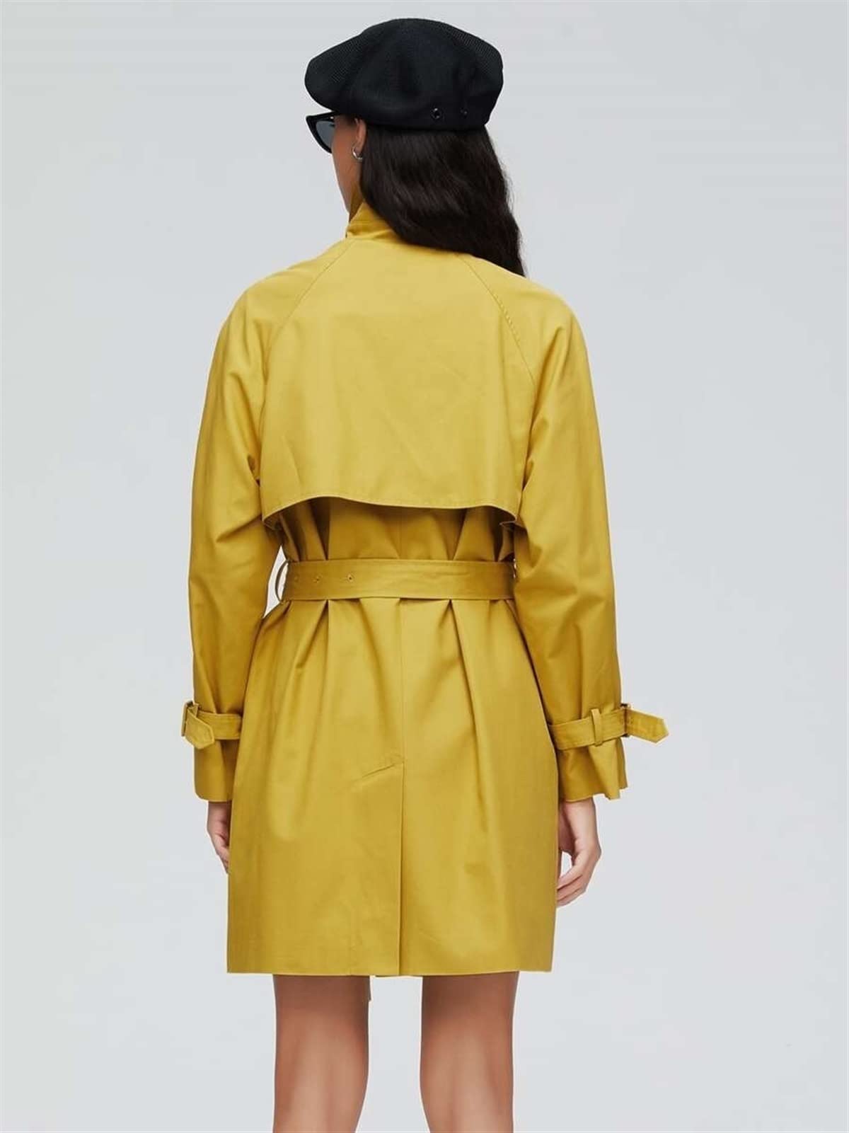 Women's Double Button Belted Trench Coat with Flap Pockets - Spring & Autumn Casual Fashion (Mustard Yellow, Size L) | Perfect for Office Wear, Dating & Daily Outfits