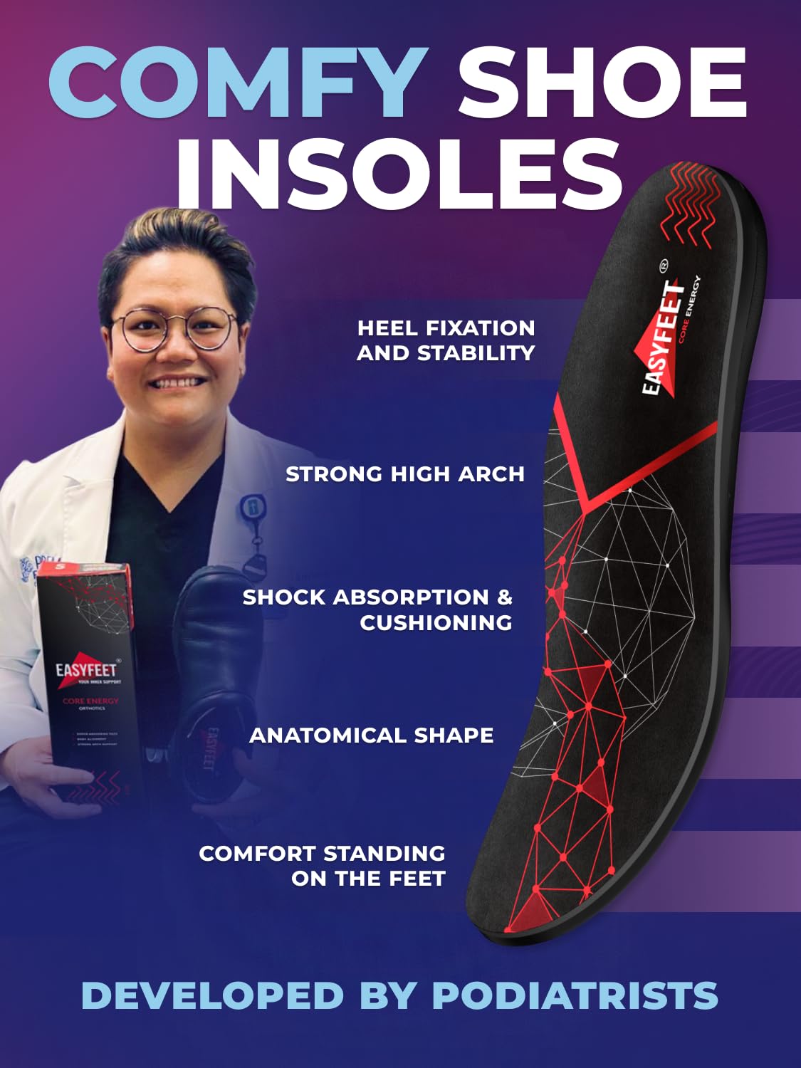 Plantar Fasciitis Insoles for Men & Women - High Arch Support Orthotic Inserts for Heel & Foot Pain Relief - Anti-Fatigue Work Boot & Running Shoe Insoles - Perfect for Hiking, Standing All Day & Flat Feet Support