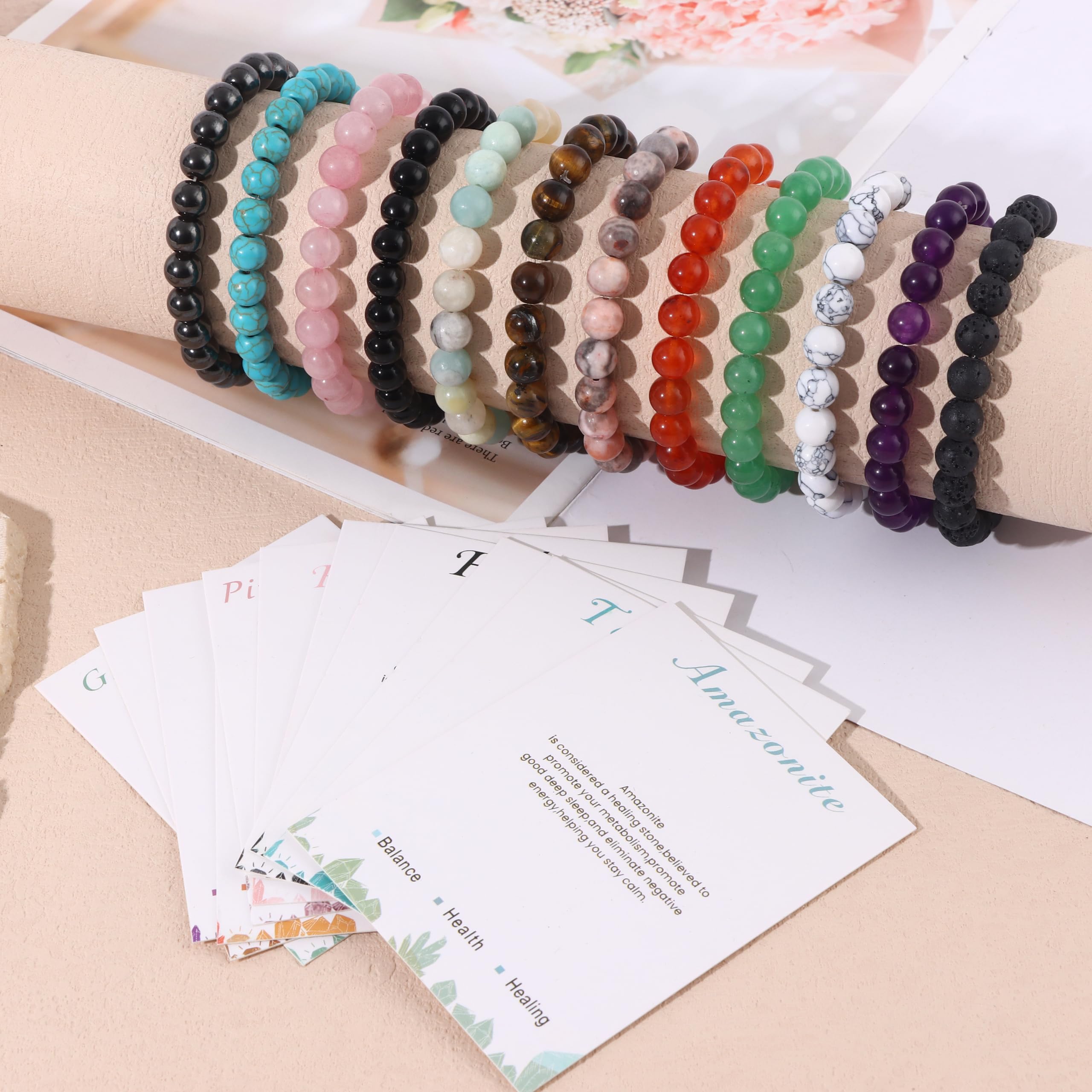 MOZAKA 12PCS Natural Crystal Bracelets for Women & Men - 8mm Semi-Precious Gemstone Beaded Stretch Bracelets, Healing Stone Unisex Jewelry Gift for Meditation, Yoga & Positive Energy