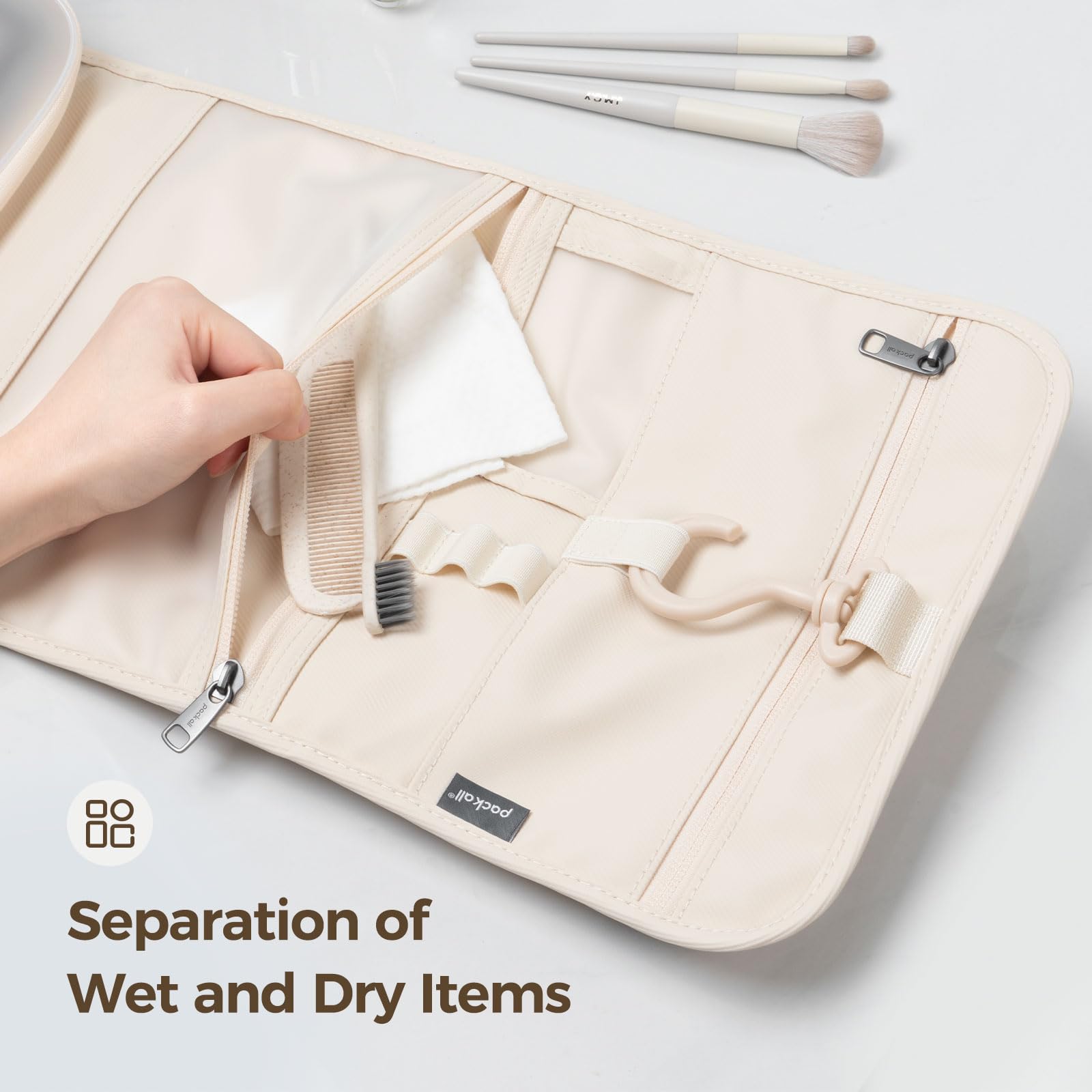 Hanging Travel Toiletry Bag - Foldable Water-Resistant Cosmetic Organizer with Multiple Compartments for Makeup & Accessories (Light Beige) | Perfect for Vacation, Gym & Business Trips