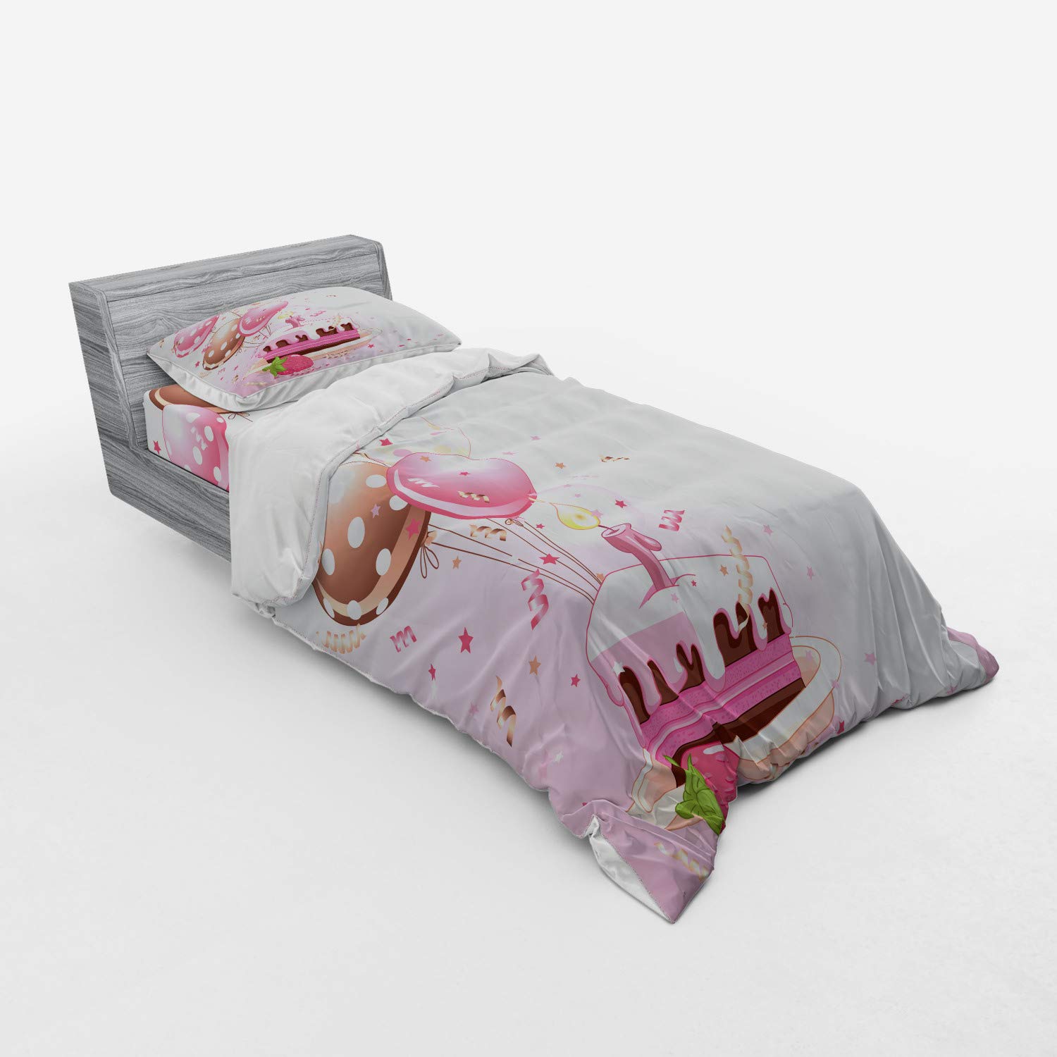 Ambesonne Birthday Duvet Cover Set - Strawberry Pink Cake Slice with Candles & Balloons Design, 3-Piece Twin XL Bedding Set (Duvet Cover + Sham + Fitted Sheet) in Pink Tan Cream | Perfect for Birthday Parties, Kids Rooms & Celebration Decor