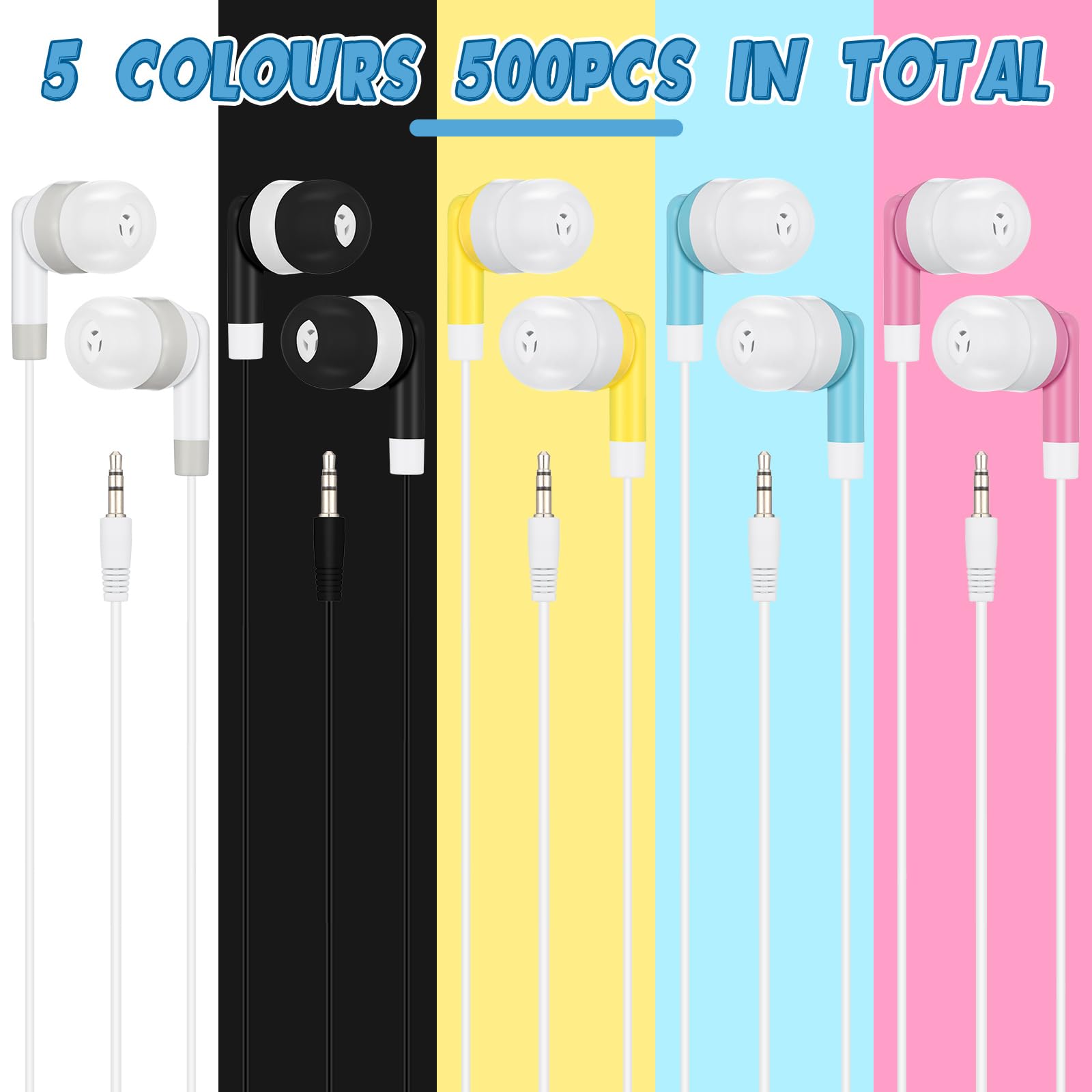 Kigeli 500 Pack Bulk Wired Earbuds - Colorful Classroom Headphones for Kids & Adults - Compatible with Smartphones, Laptops - Perfect for School, Library, Online Learning & Office Use