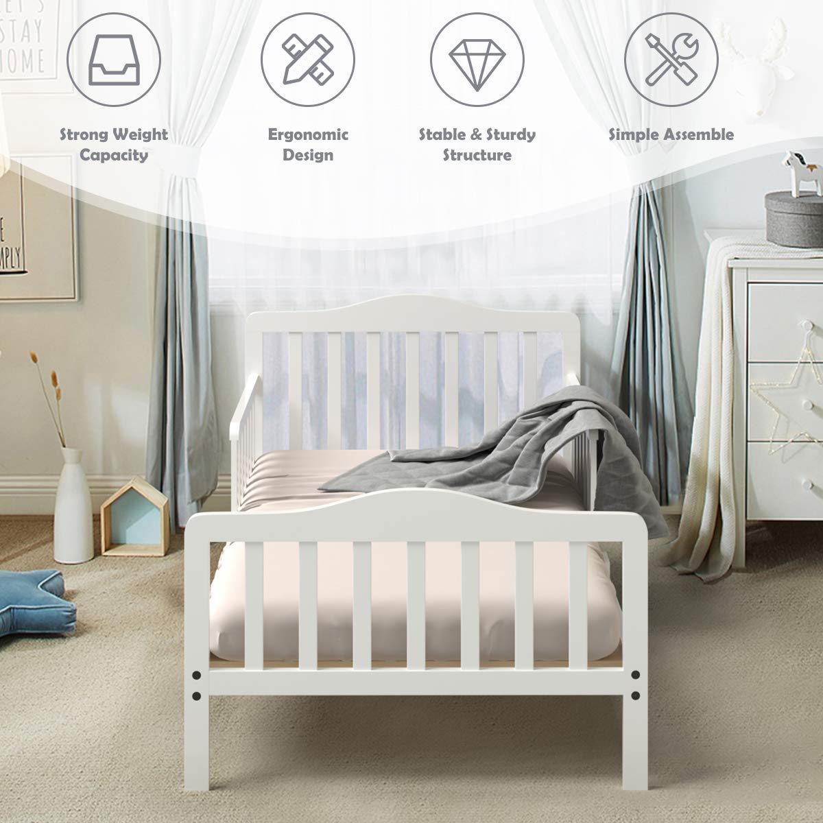 Costzon Toddler Wood Bed Frame with Safety Guardrail - White | Kids Bedroom Furniture for Boys & Girls
