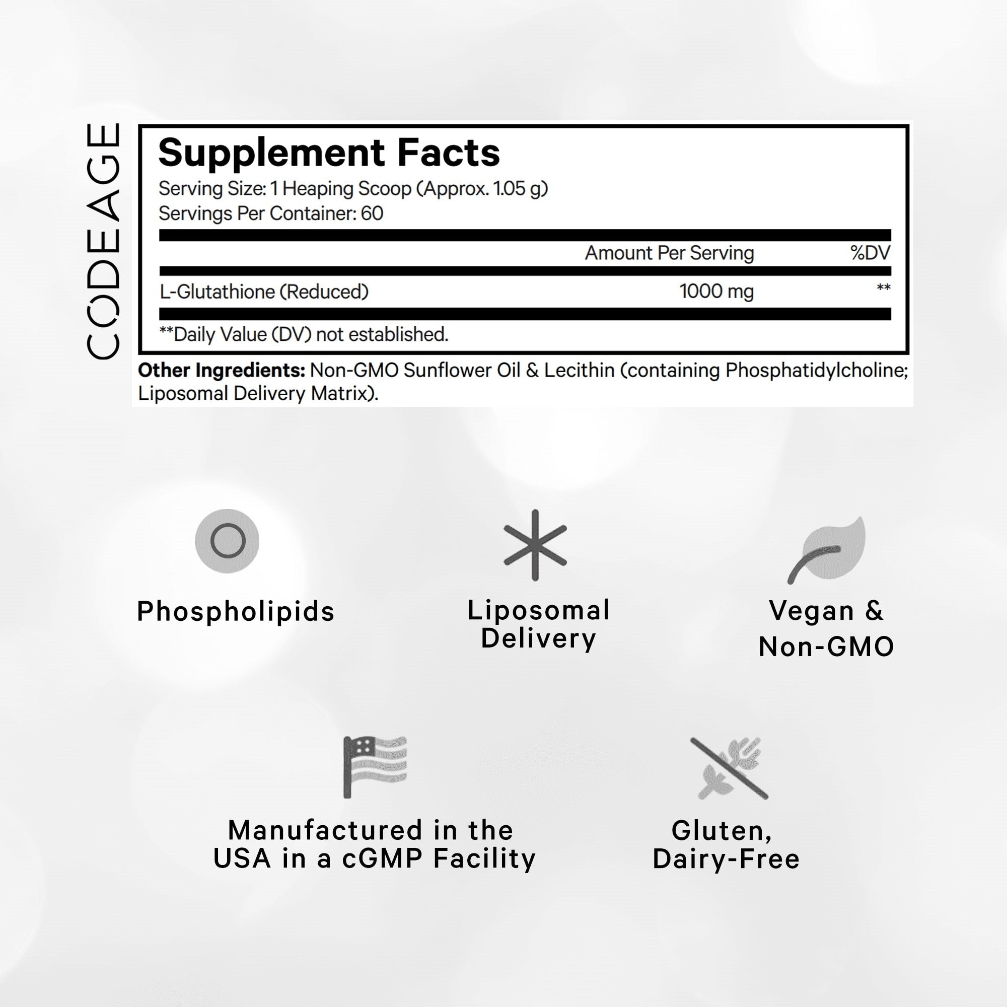 Codeage Liposomal Glutathione Powder 1000mg - Premium Antioxidant Supplement for Immune Support & Detox - Ideal for Daily Wellness, Athletic Recovery & Cellular Health