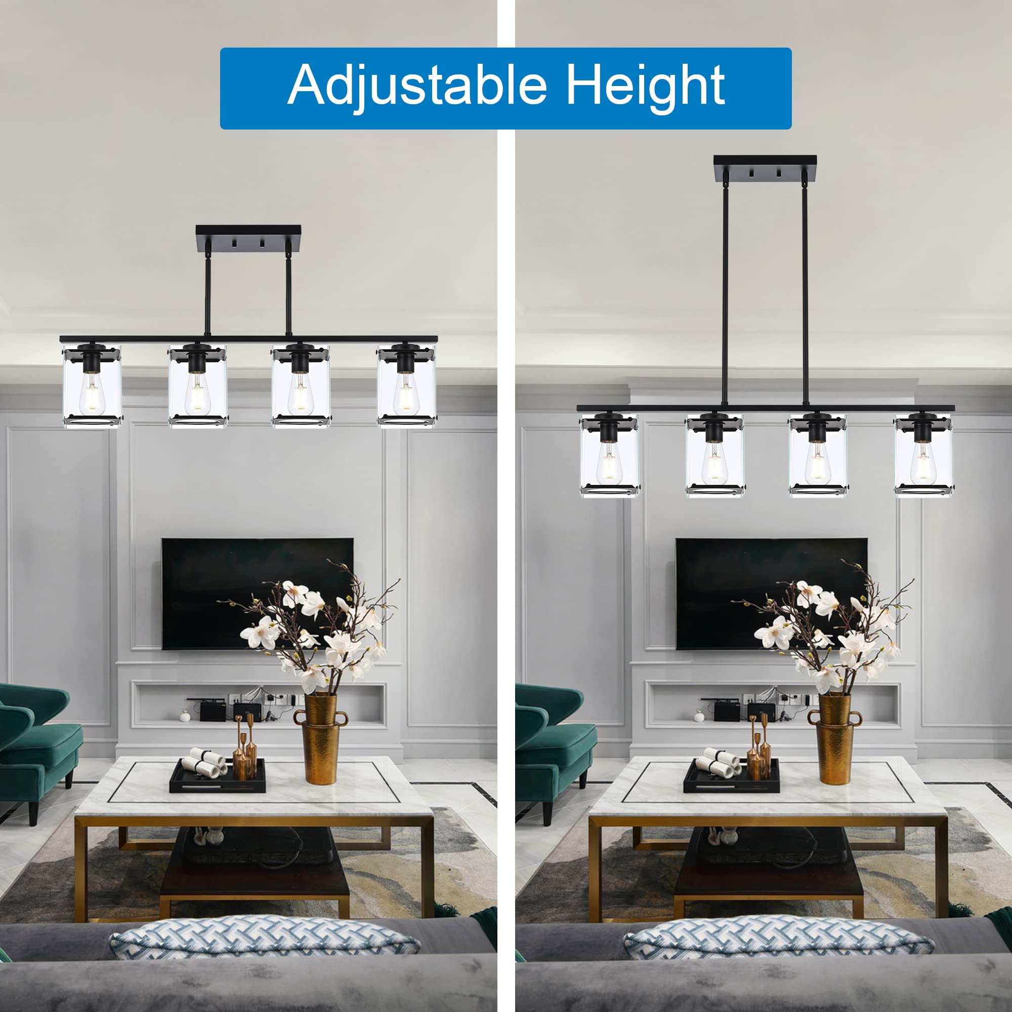 MELUCEE 4-Light Farmhouse Pendant Lighting - Matte Black Linear Chandelier with Clear Glass Shade for Kitchen Island, Dining Room, Foyer | Modern Rustic Home Decor Lighting Fixture