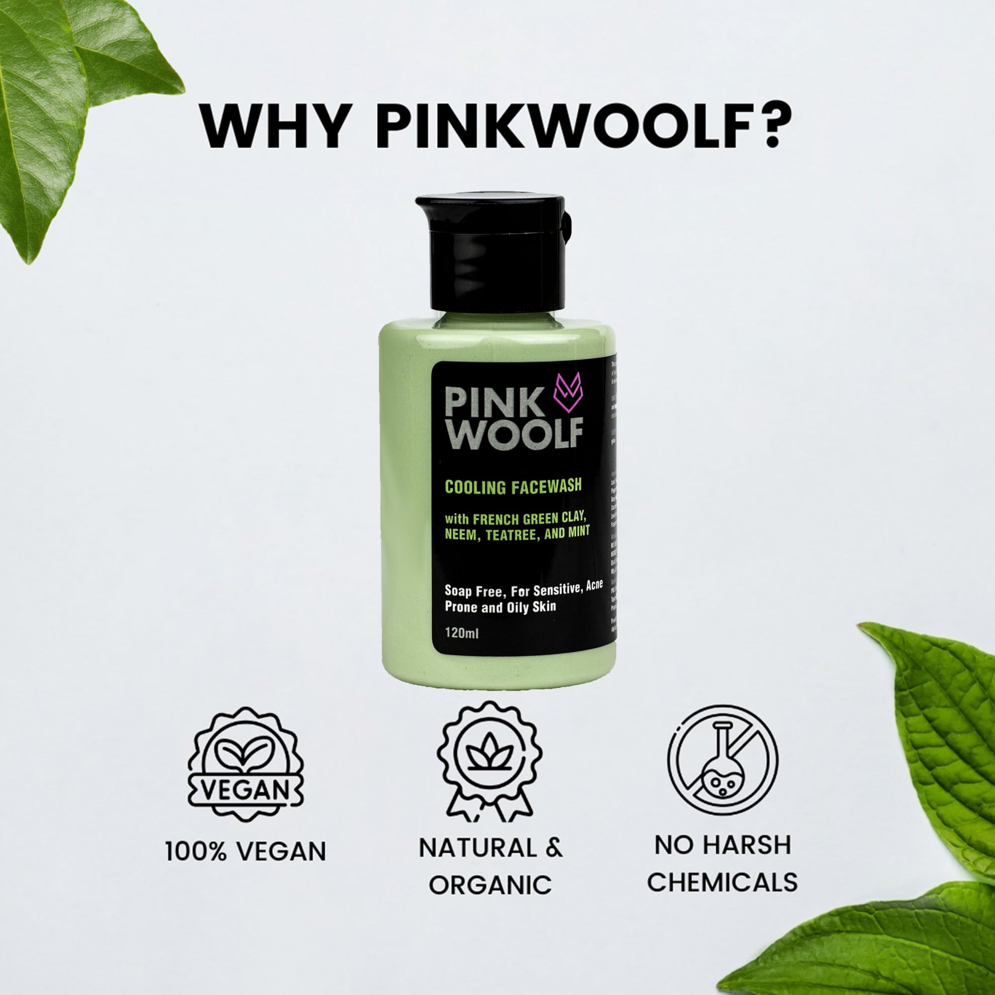 Pink Woolf Cooling Face Wash with French Green Clay, Neem, Tea Tree & Mint - Oil-Free & Soothing Cleanser for Sensitive, Acne-Prone & Oily Skin - 120ml (Pack of 1) | Perfect for Daily Skincare Routine & Post-Workout Refreshment