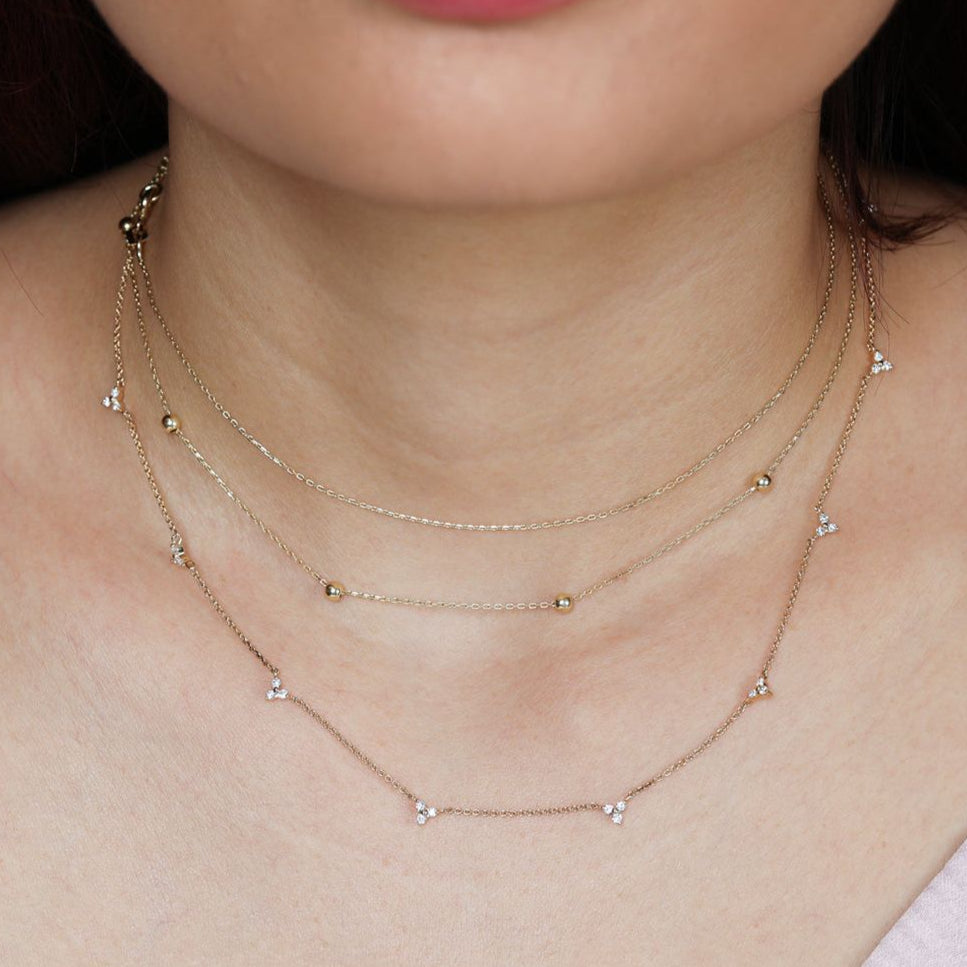 14K Solid Yellow Gold Beaded Station Necklace - Elegant Layering Jewelry for Women, Perfect for Everyday Wear & Special Occasions