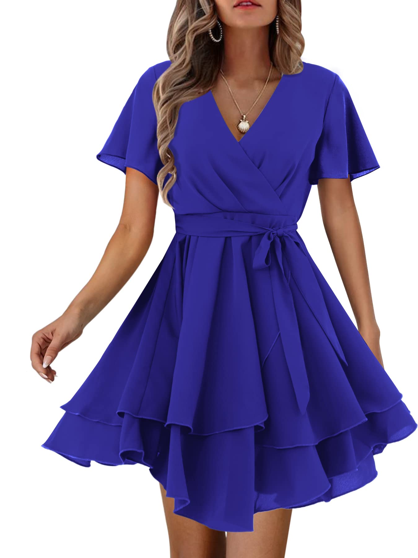 Amoretu Women's Casual Short Sleeve Wrap V-Neck Ruffle Mini Dress - Summer Beach Party, Date Night & Vacation Outfit