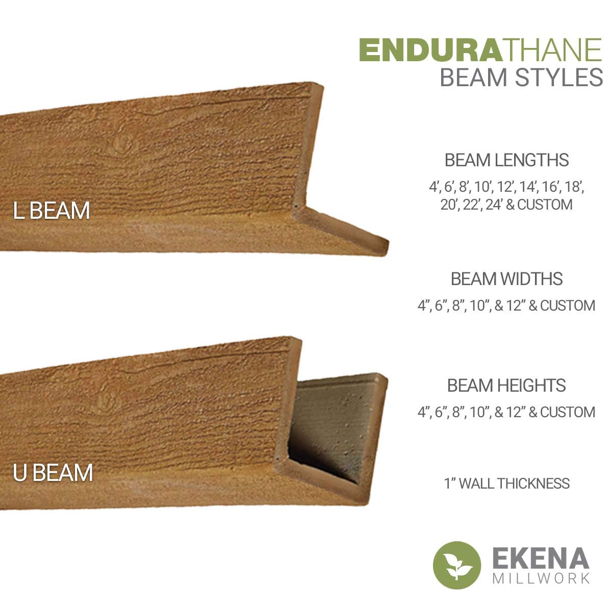 Ekena Millwork BMHH3C0080X060X096ZH 3-Sided U-Shaped Hand Hewn Endurathane Faux Wood Ceiling Beam - 8