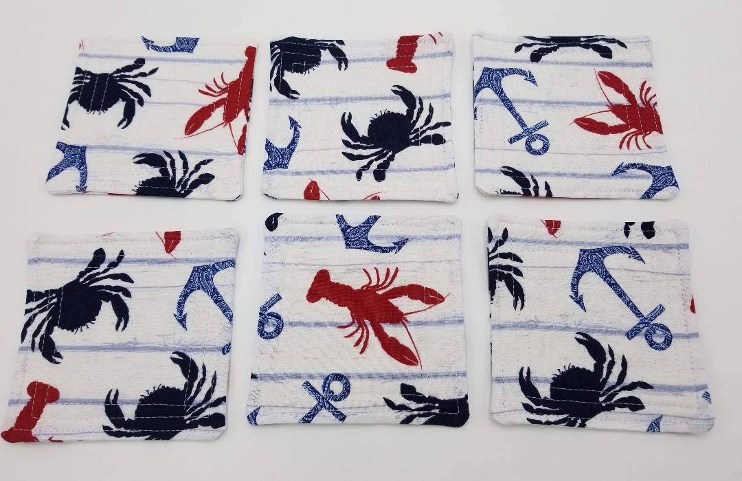 Premium Crab & Lobster Quilted Coasters Set of 6 - Absorbent Drink Coasters for Seafood Restaurants, Beach Houses & Coastal Home Decor