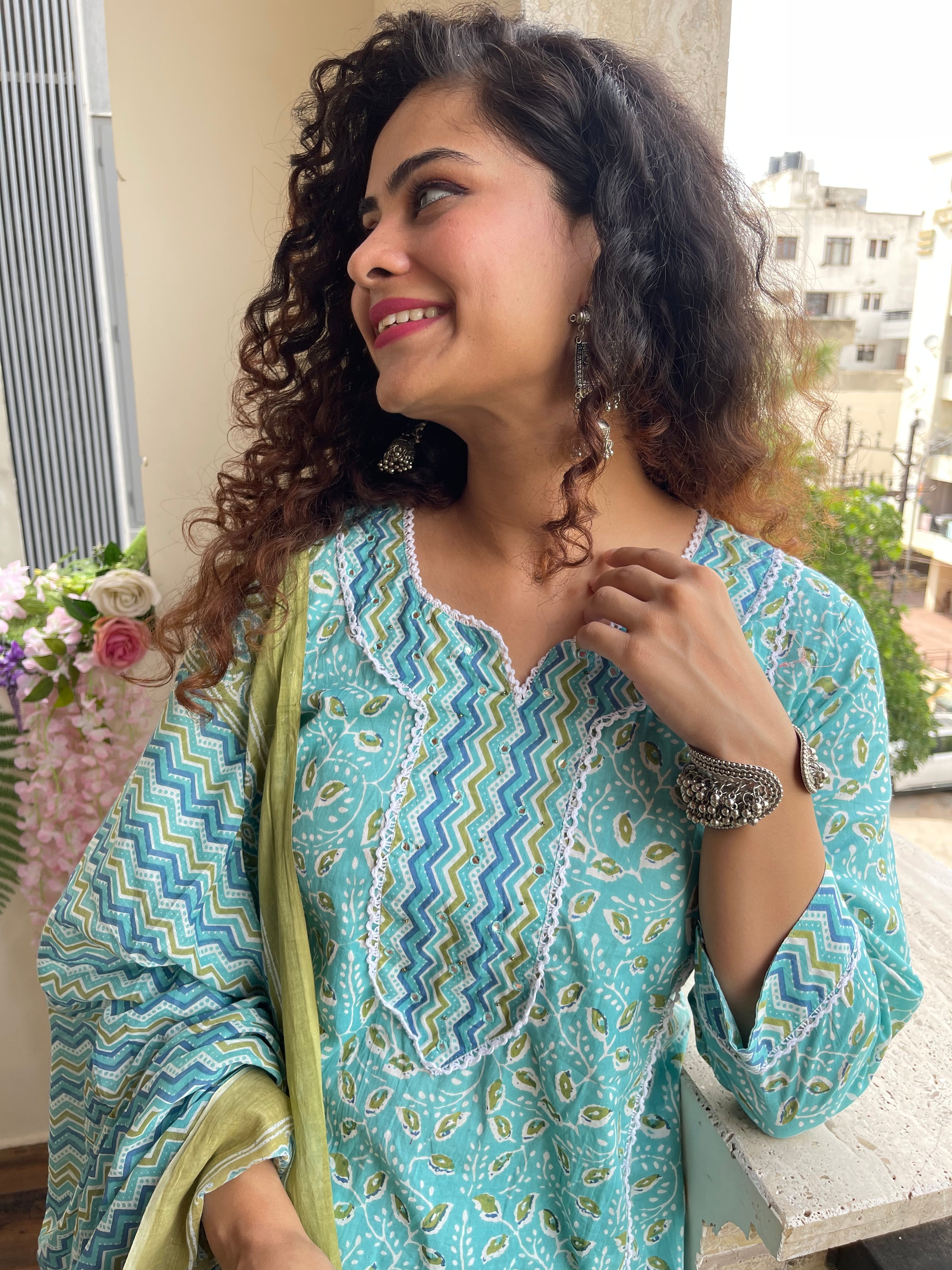 Stylish Sky Blue Floral Stripes Kurta Suit Set for Women | Indian Ethnic Wear | Perfect for Festivals, Weddings & Special Occasions