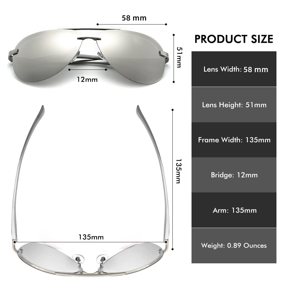 Polarized Aviator Sunglasses for Men - UV 400 Protection, Rimless Mirrored Lenses, Large Frame - Perfect for Driving, Outdoor Activities & Fashion Accessories