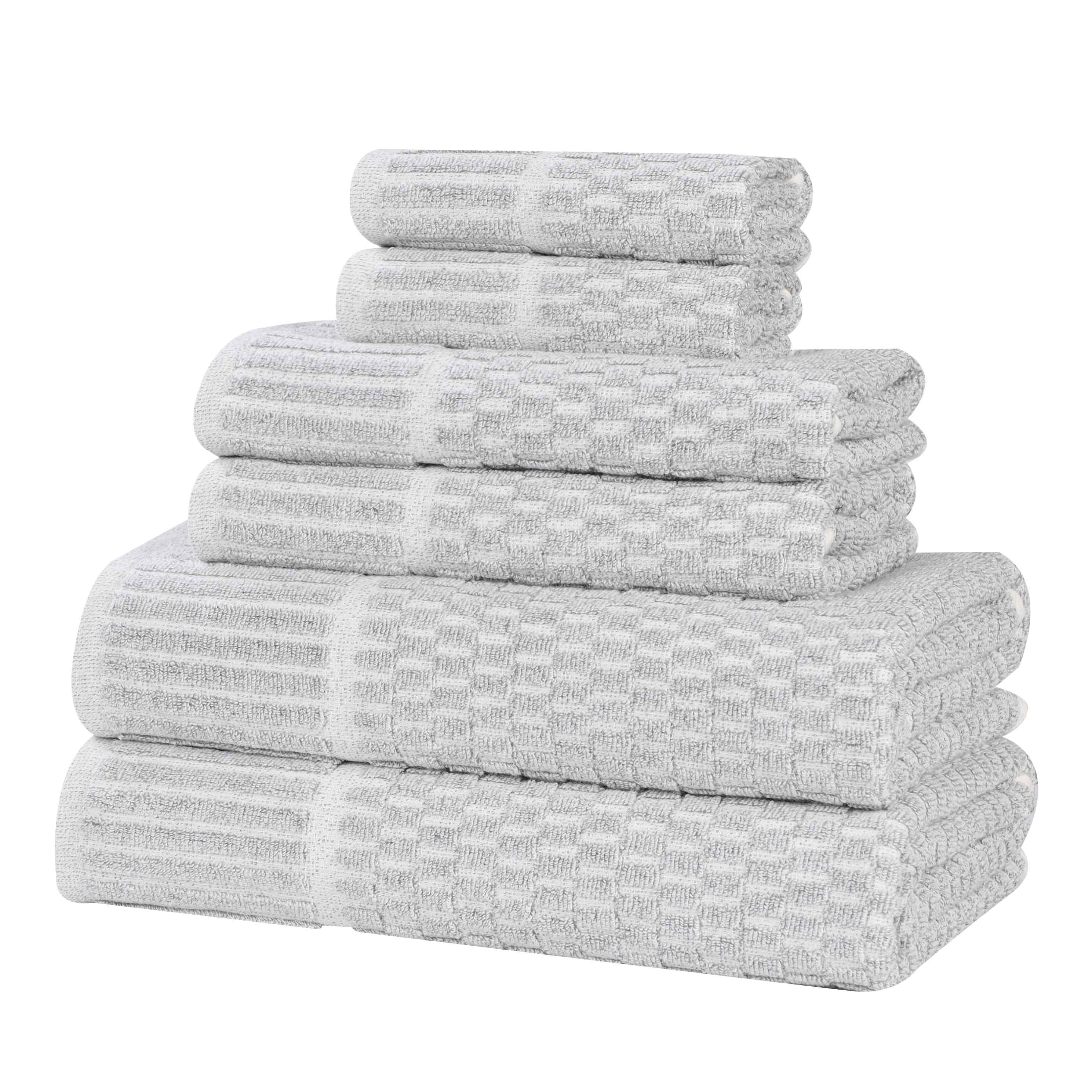 Premium 6-Piece Cotton Blend Checkered Border Towel Set - Medium Weight, Soft & Absorbent - Perfect for Bathroom, Kitchen & Guest Use