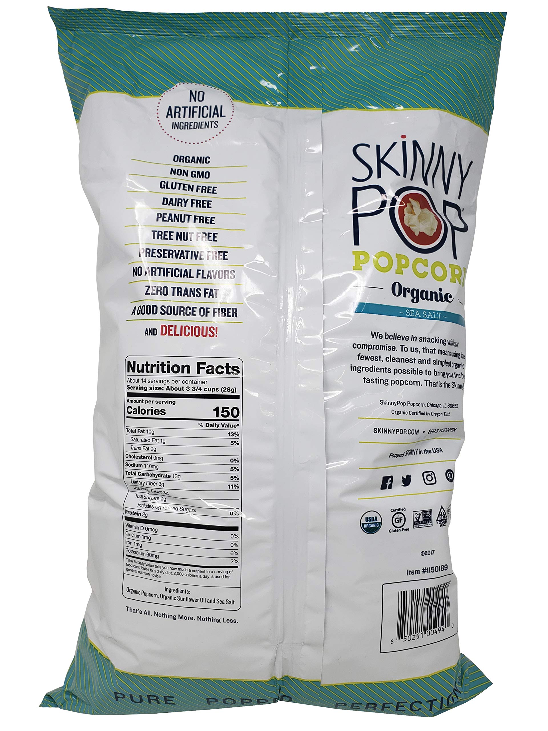 Organic Skinny Pop Popcorn - Sea Salt Flavor, 14 OZ Bag | Healthy Snack for Movie Nights, Office Breaks & School Lunches | Gluten-Free, Non-GMO Popped Corn
