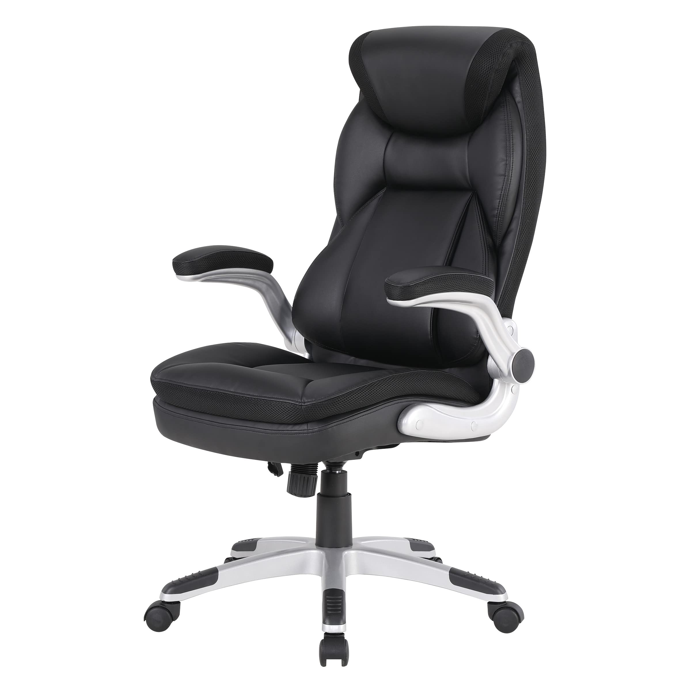 Office Star ECH Series Executive Bonded Leather Office Chair with Lumbar Support & Adjustable Arms - Black with Silver Base | Ergonomic Desk Chair for Home Office, Gaming & Workspace Comfort