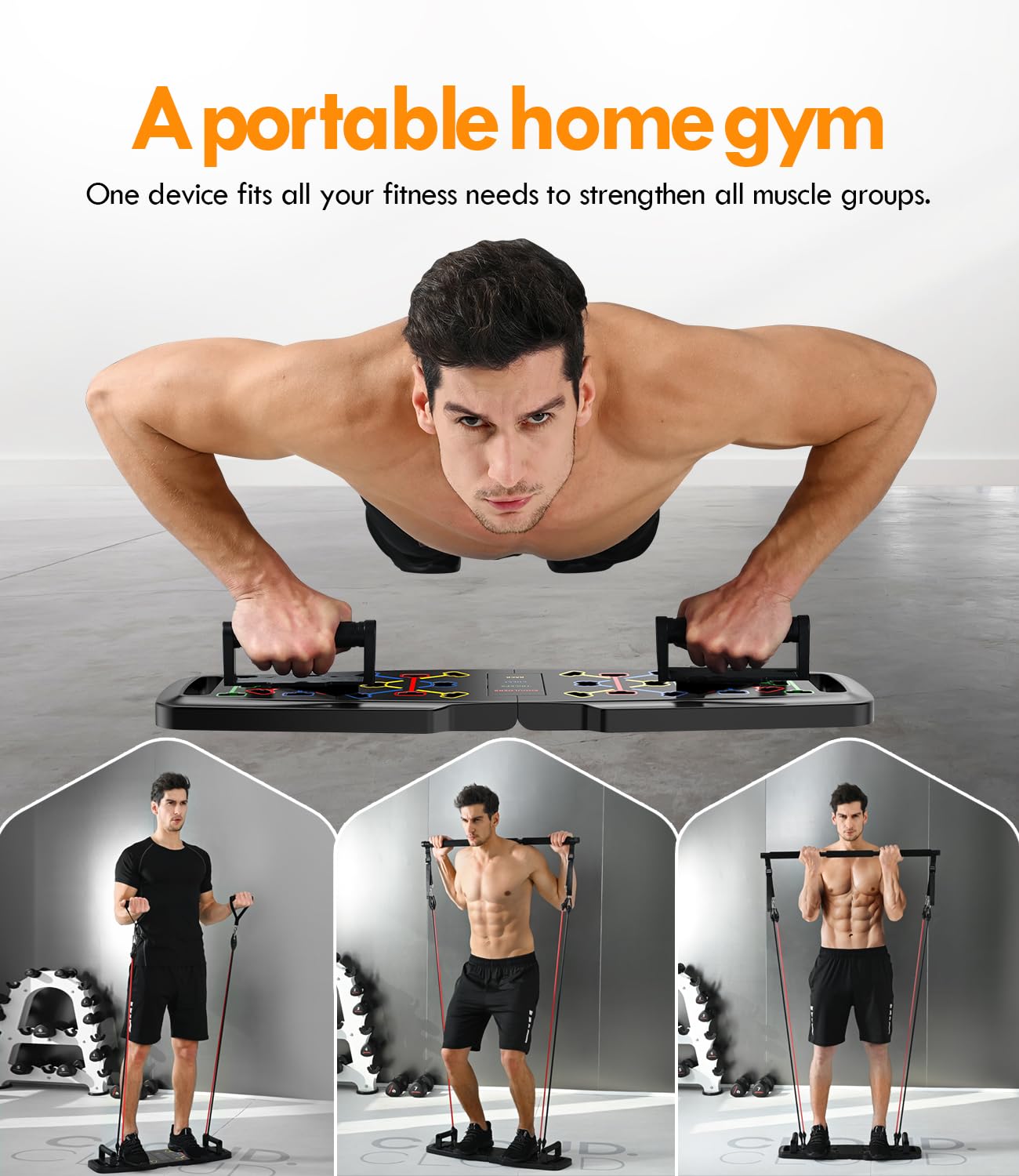 Push Up Board for Home Gym - Portable Exercise Equipment with Pilates Bar, Resistance Bands & Ab Roller Wheel - 20 Fitness Accessories for Full Body Workout - Perfect for Home Workouts, Strength Training & Pilates Exercises