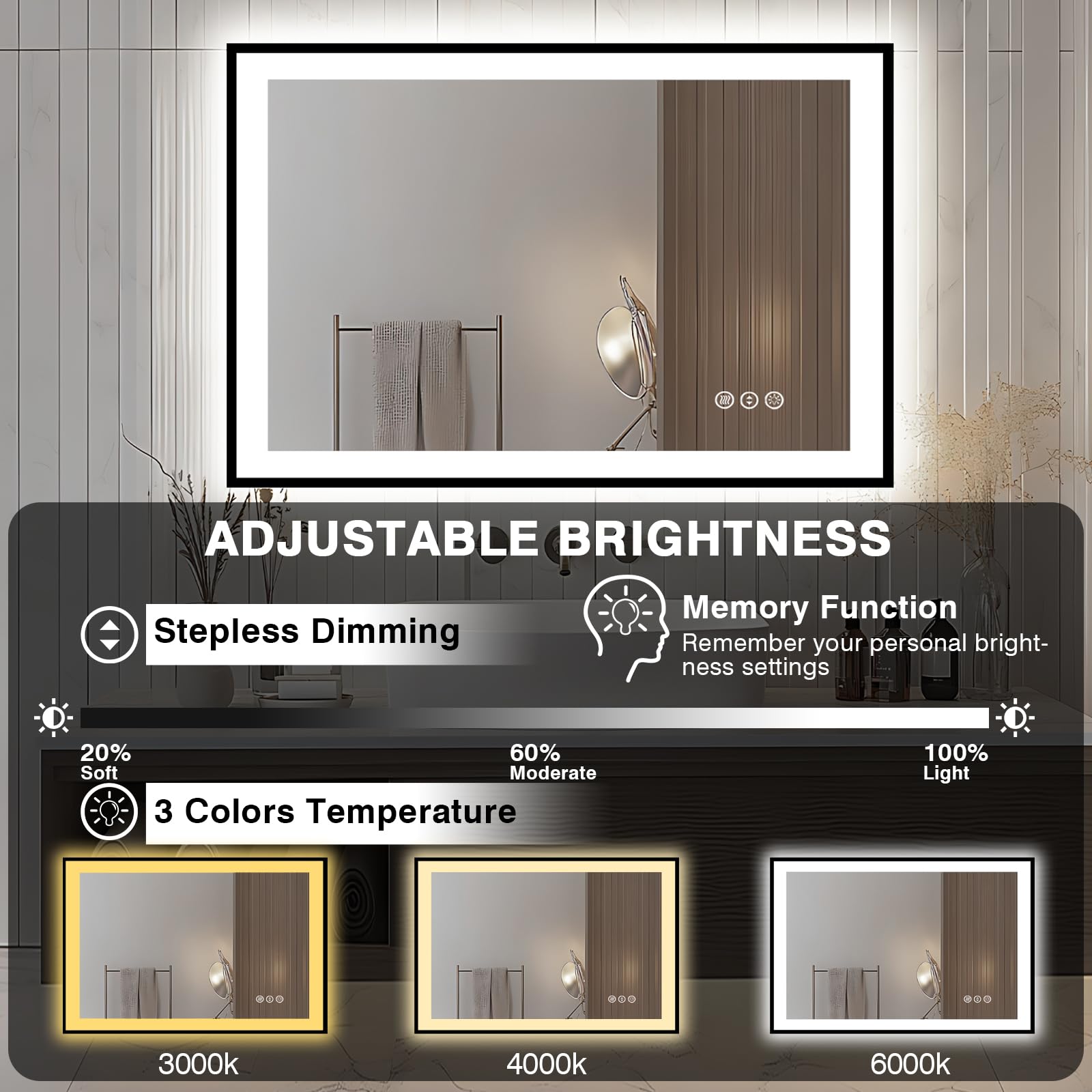 44x30 Inch LED Bathroom Mirror with Anti-Fog & Dimmable Touch Control - Black Framed Vanity Mirror with Bright Adjustable Lighting for Makeup, Shaving - Waterproof Horizontal/Vertical Mounting for Bathroom, Bedroom, Dressing Room