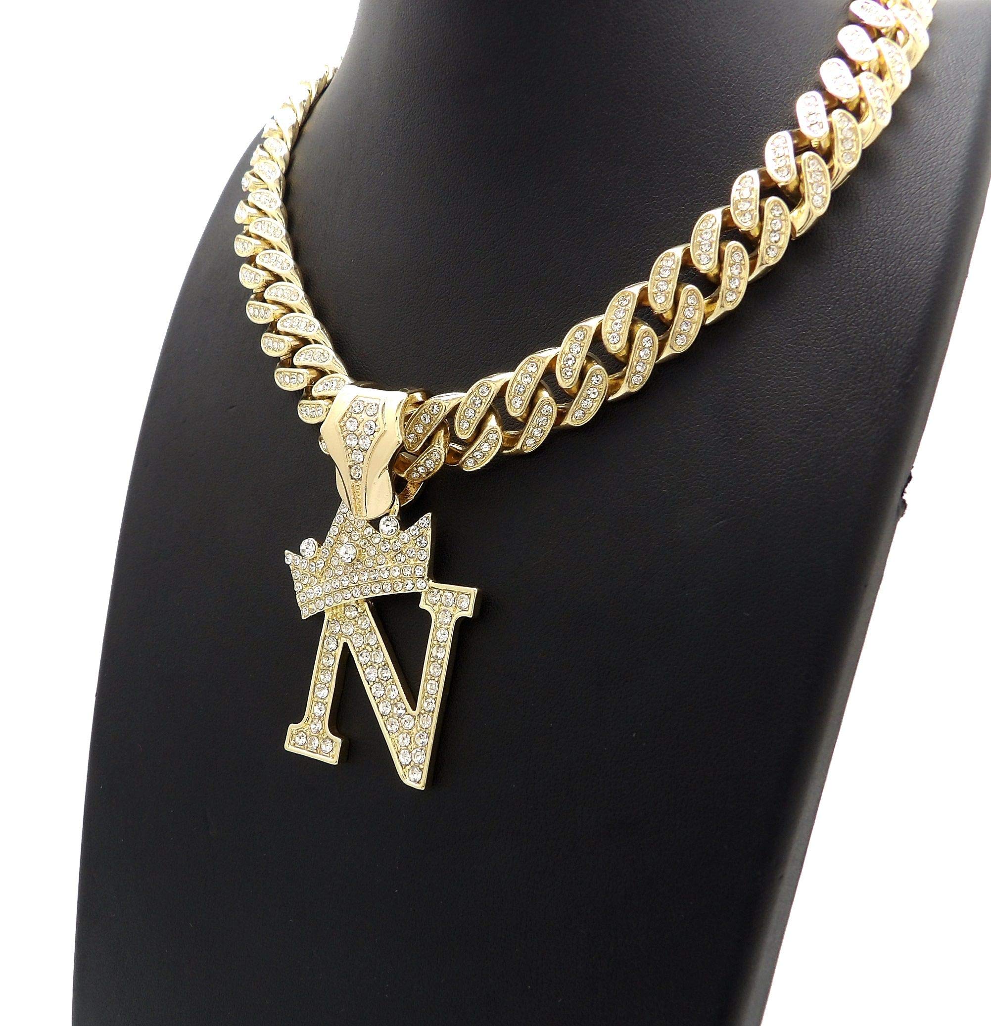 NYFASHION101 Iced Out Miami Cuban Chain Necklace with 12mm Stone Stud Crowned Initial Pendant - Perfect for Hip Hop Jewelry, Streetwear Fashion & Gift Giving