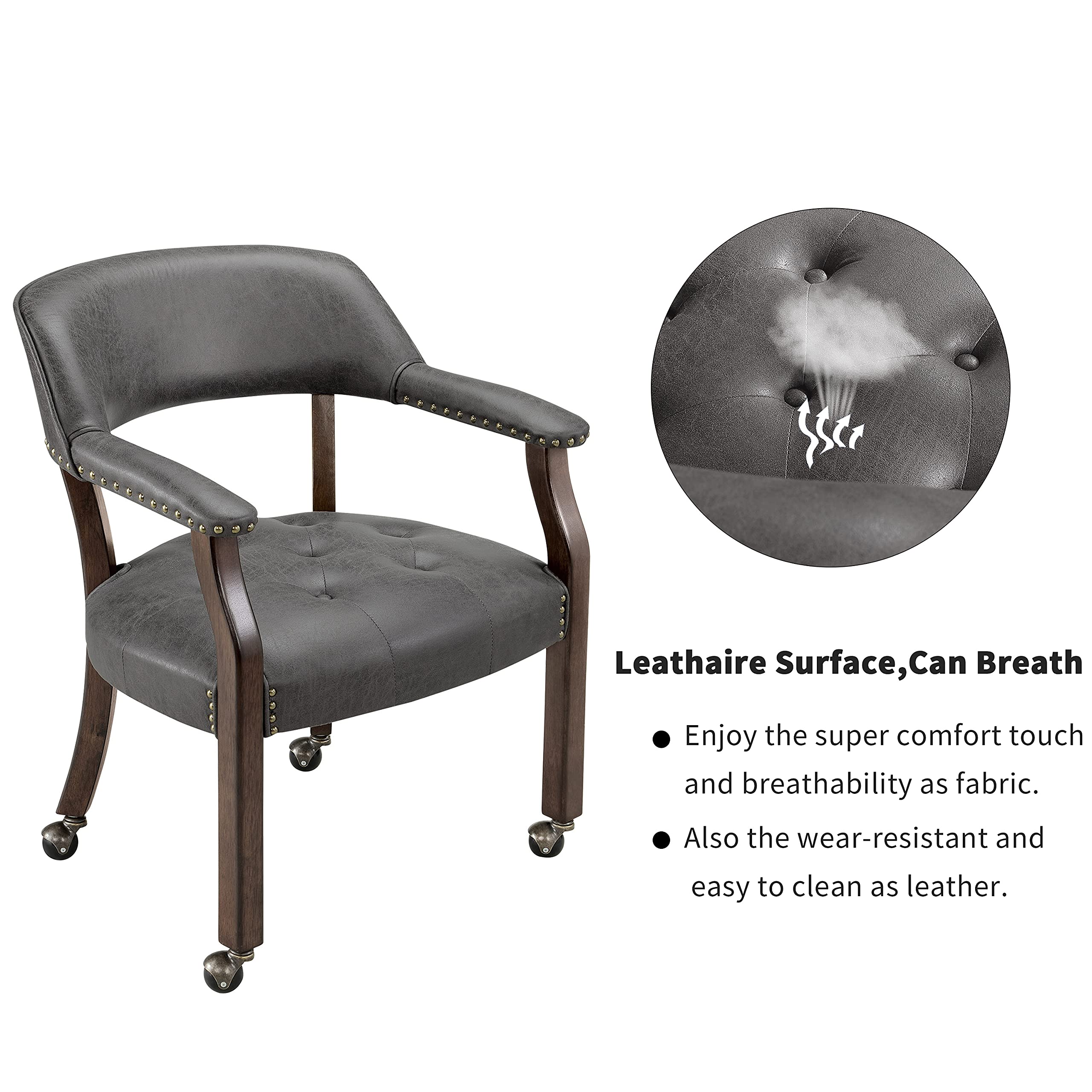 MODERION Solid Wood Executive Office Chair with Wheels & Arms - Classic Upholstered Swivel Desk Chair for Dining, Living Room & Home Office - 31.5