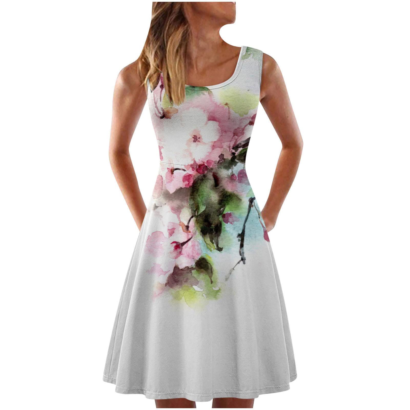 Women's Summer Dresses 2023 - Casual Sleeveless Floral Print Tank Dress with Crewneck for Beach Vacation, Pool Party & Outdoor Activities